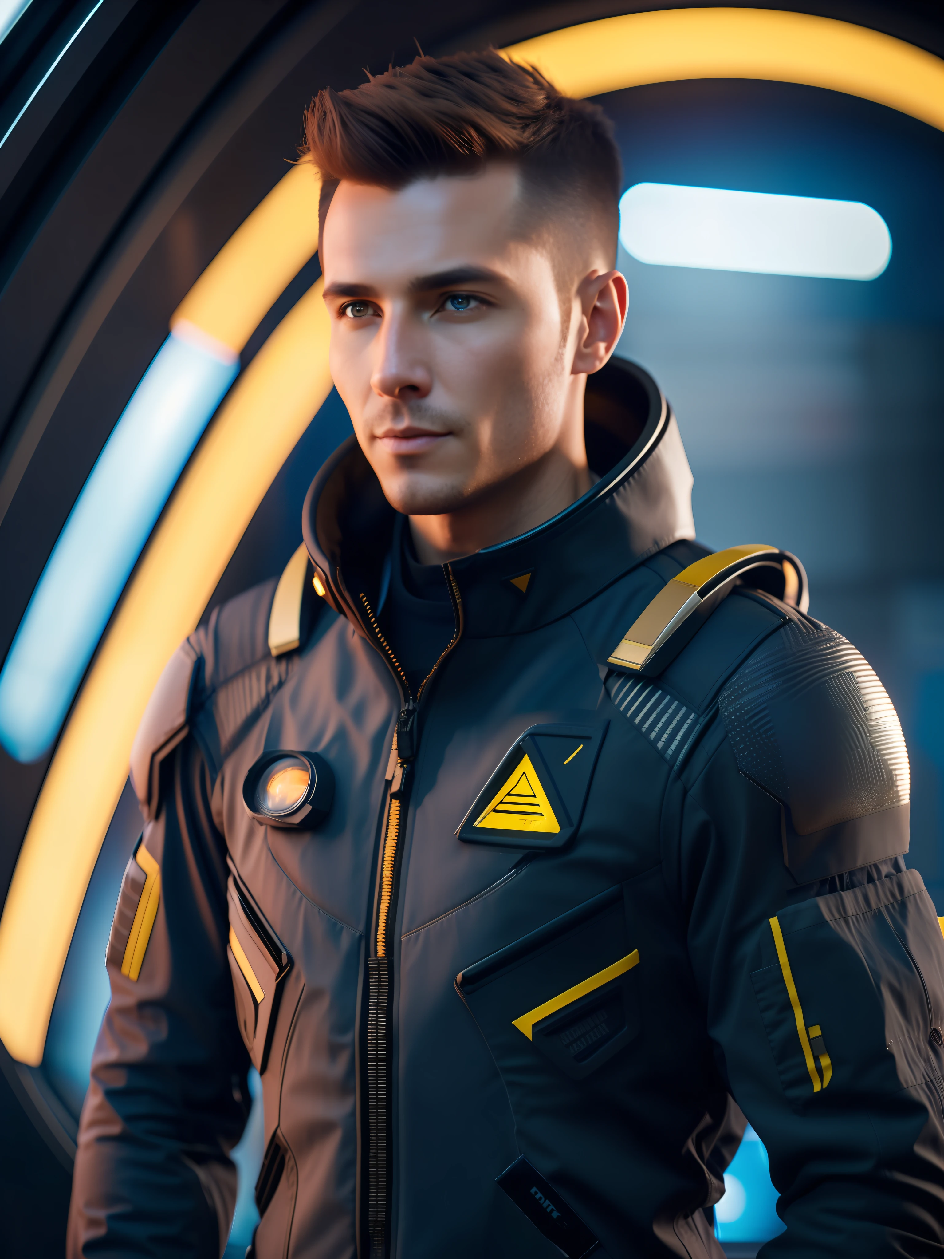 fking_scifi, award-winning photo of a man, black flight suit with yellow accents, brown hair, (gray eyes:1.35), square jawline, asymmetric face, standing in front of a window on a space ship, 80mm, bokeh, mass effect, close up, fking_cinema_v2