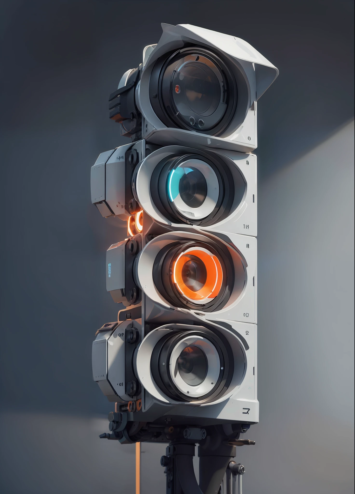 closeup a white plastic producr design of traffic lights with three orange lights, (masterpiece), (best quality), photorealistic, 8k raw photo, ultra high res, mechanics, mechanical parts, product photo, studio shot, complex lighting, dark grey background studio