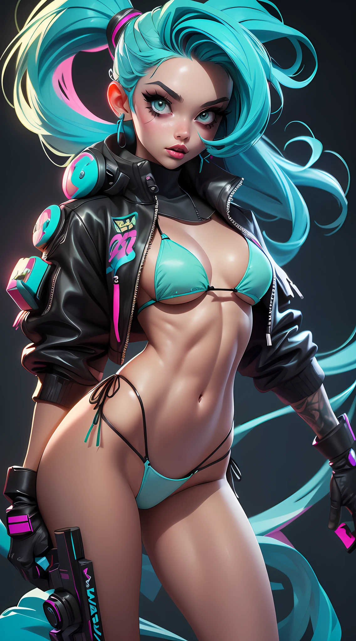 ((Best Quality)), ((Masterpiece)), ((Realistic)) and ultra-detailed photography of a 1nerdy girl with goth and neon colors. She has ((turquoise hair)), wears a small skimpy black bikini thong , ((beautiful and aesthetic)), muscular fit body abs, sexy, under-boobs, hot