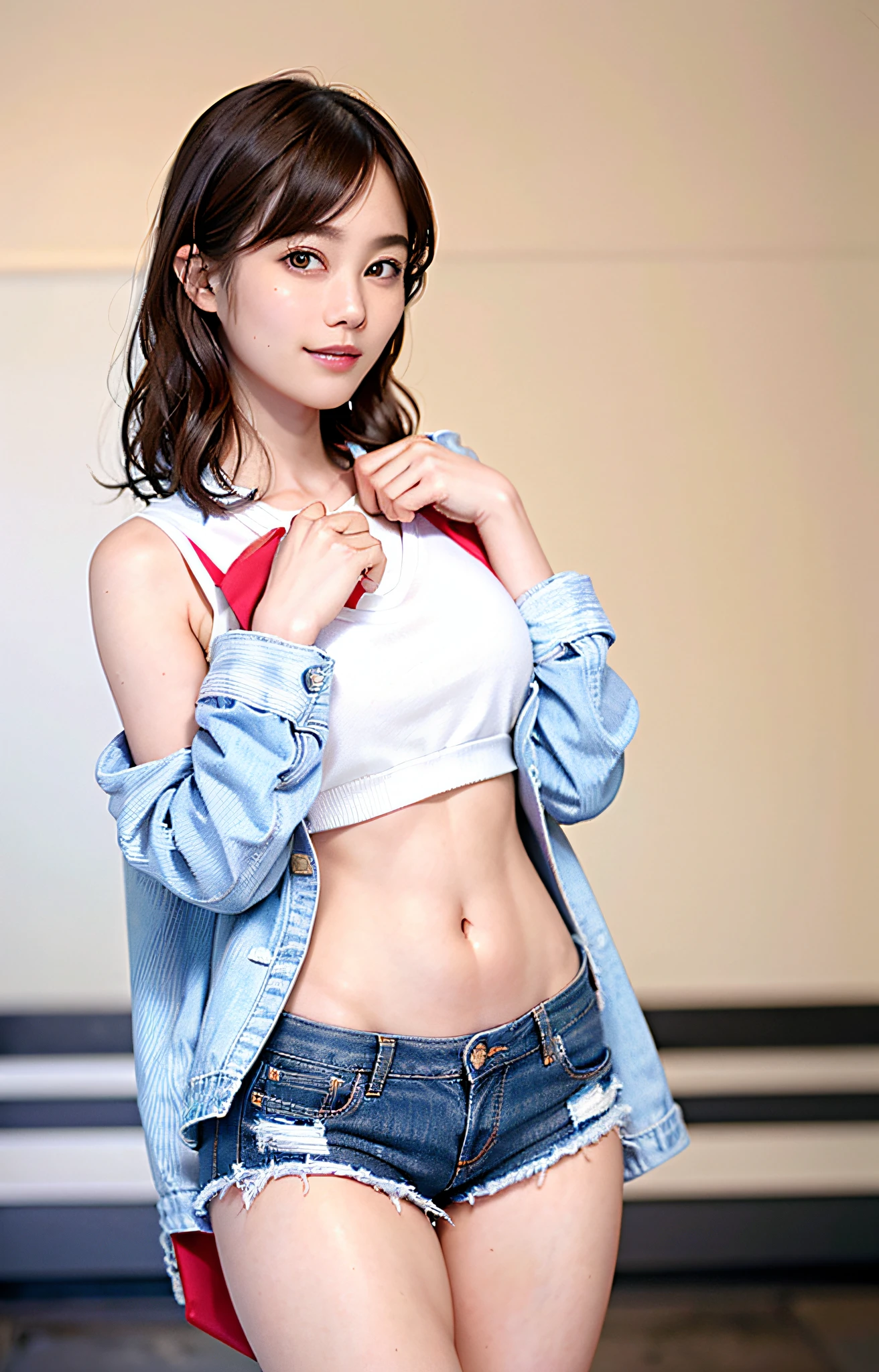 1 girl, solo, parted lips, (navel), (legwear), street, putting hands on their chest, looking at the beholder, realistic, slim girl model photo, female model, Japan woman, (8k, RAW photo, best quality, masterpiece: 1.2), (realistic, photorealistic: 1.37), ultra detail, ultra high resolution, summer, sandy, damaged denim shorts, white tank top, Standing figure, whole body, thin legs, beautiful legs, (smile, clean teeth,)