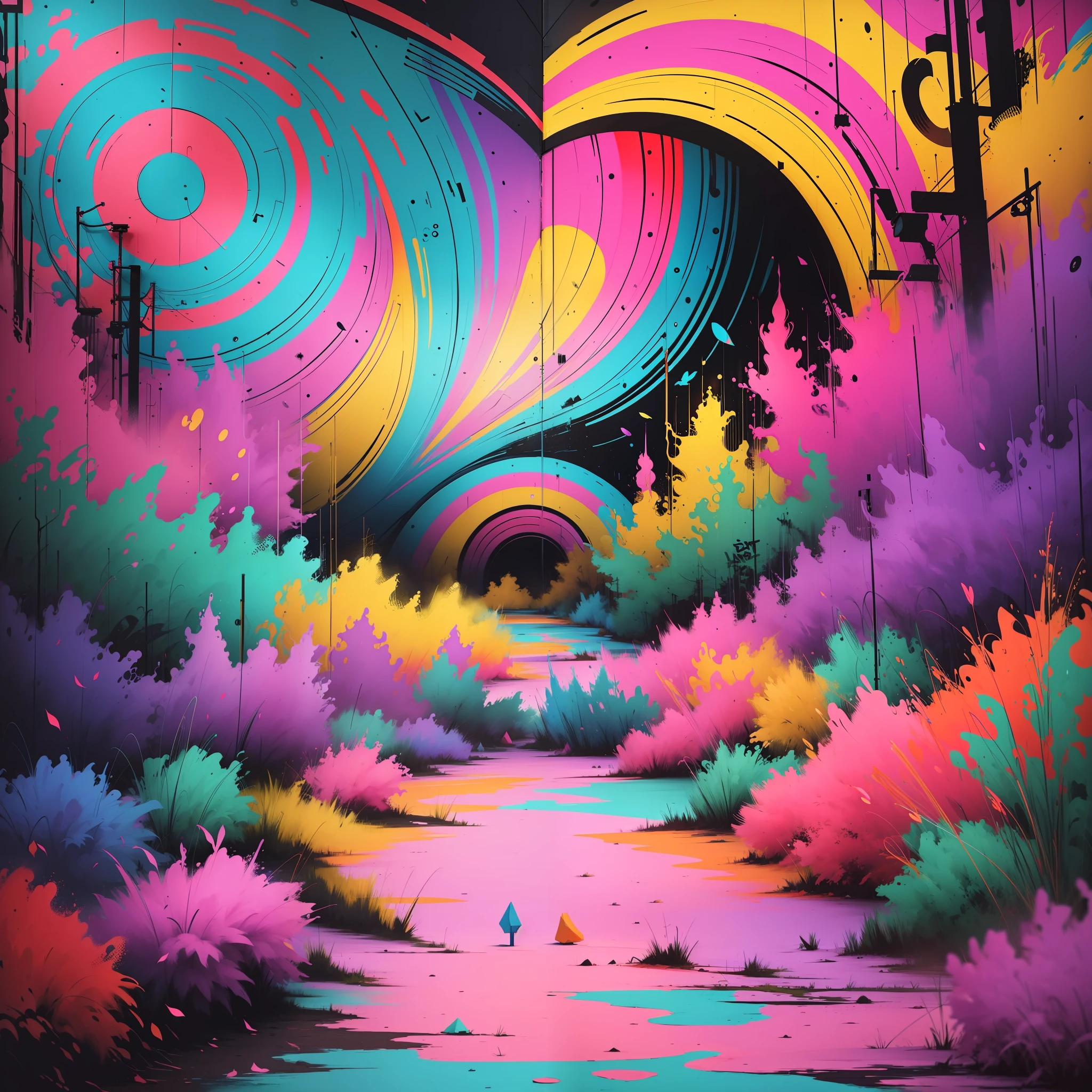 fantastic psychedelic landscape, colorful, vibrant colors, street art style, spray, graffiti, the image is extremely beautiful and captivating, while provoking sensation of pleasure similar to LSD,Art extremely sensory in every way --auto --s2