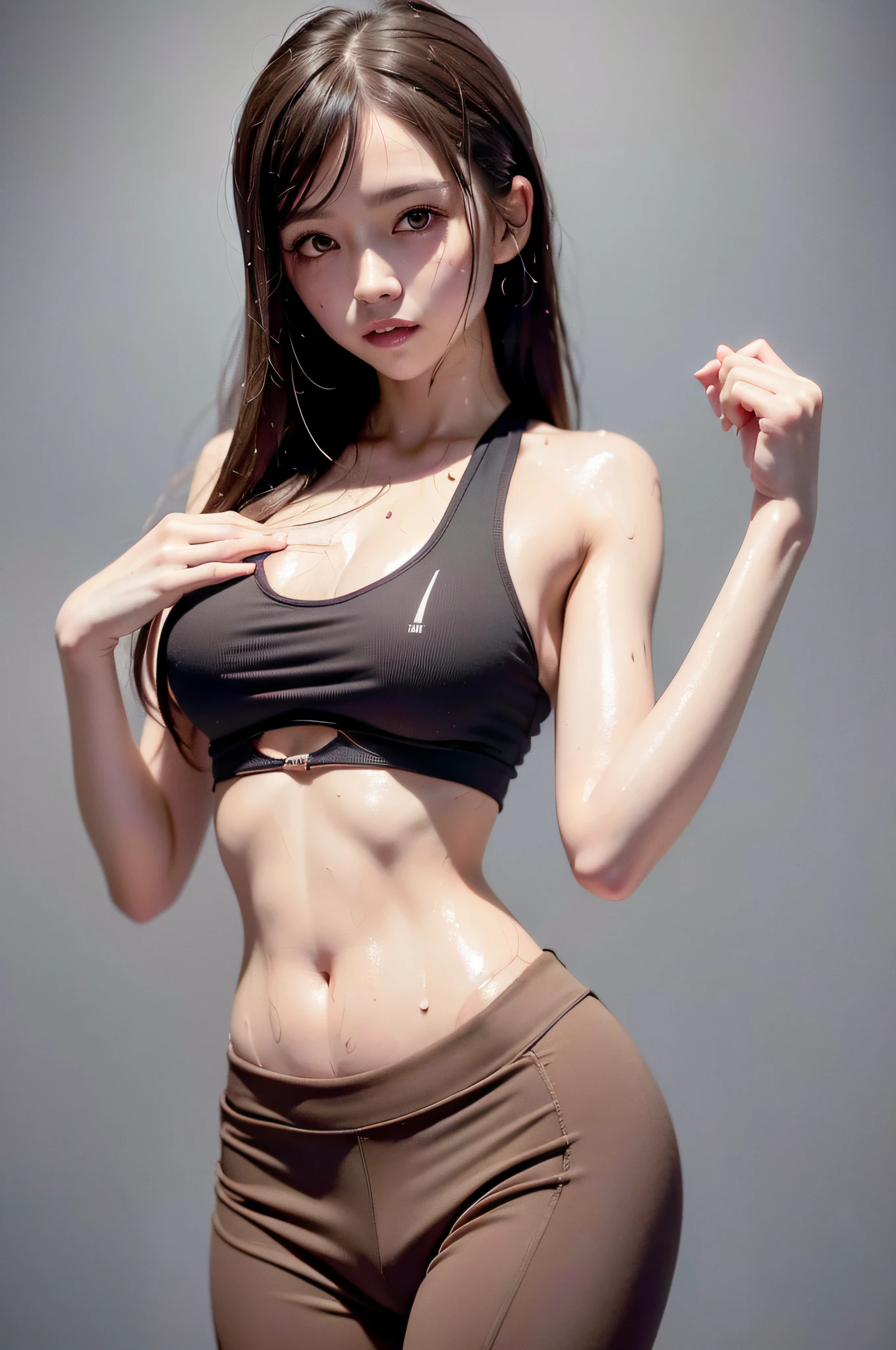 (solo), (a detailed full body RAW photo of a girl), (masterpiece:1.0), (best quality:1.4), (ultra highres:1.2), (photorealistic:1.4), 8k resolution, Canon EOS R5, 50mm, absurdres, ultra detailed, (20 y.o), sharp focus, cinematic lighting, detailed beautiful face, (makeup:1.2), (ulzzang-6500-v1.1), petite figure, detailed skin texture, pale skin, flat chest, (skinny and fit body:1.3), thigh gap, detailed brown hair, sweltering,(very messy hair:1.5), smiling, (sports bra, sports leggings:1.4), realistic glistening skin,(sweating:1.45), slim waist, seductive ,smile,