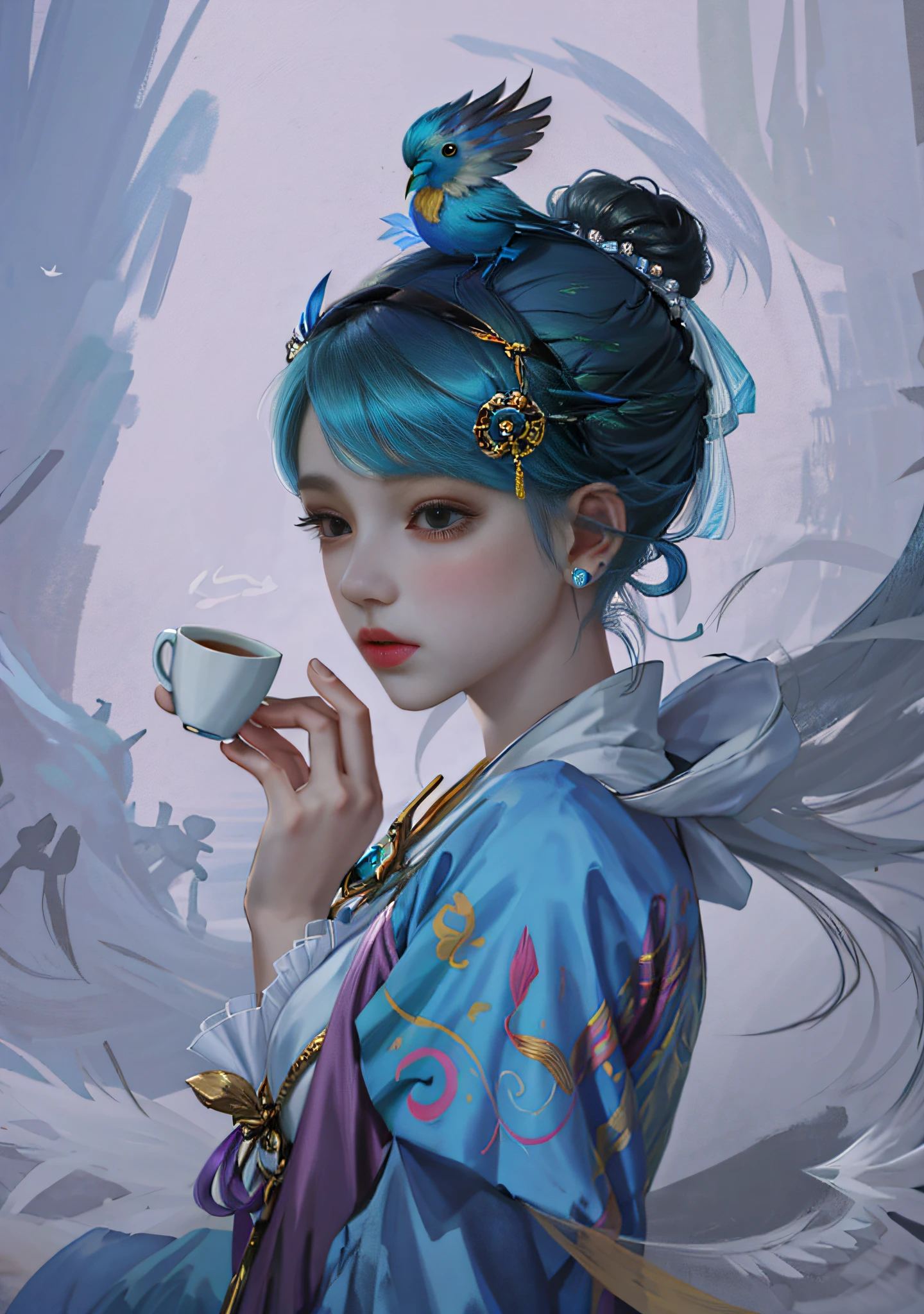 Painting a woman with a bird on her head and a cup in her hand, artwork in the style of Guvez, Guvez, Jane Bartel, Loish and Ross Trunk, inspired by Ross Tran, Loish|, Loysh and Wolop, Guwitz Masterpiece, Bipple and Jeremiah Keltner, inspired by Zheng Yanjun, to correct the now incorrect hand