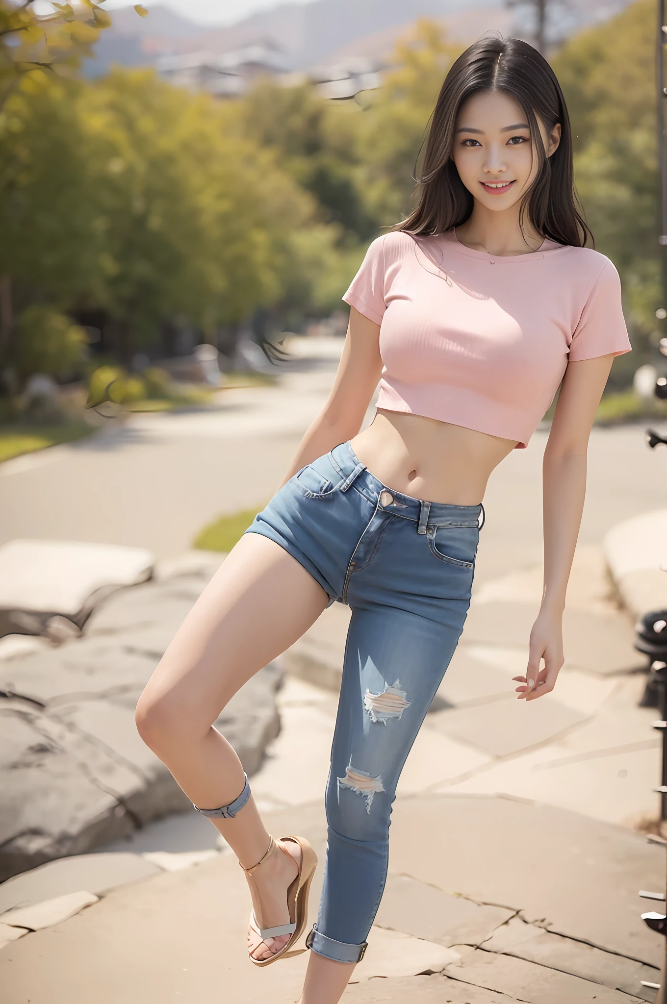 Realistic, photorealistic, 16k HD, masterpiece: 1.5, focus: 1.5, Allard asian woman in crop top tight long jeans and stylish sheer short sleeves, background: 1.5 (foot of the mountain, creekside, dating), cute schoolgirl with slim and perfect figure, ( fashionable hairstyle: 1.2), Japanese 18 year old girl wearing long skinny jeans wearing ripped skinny long jeans (low waist crop top, micro-flared, long trousers: 1.5), (ripped : 0.6), (branded jeans: 1.5, Realistic detailed jeans texture and stripes: 0.8, Realistic detailed jeans graininess: 0.8), wearing stylish sheer tight short sleeves (brand: 1.5, slim, realistic clothing texture: 1.5), wearing stiletto heel sandals (delicate stiletto heels crystal band sandals, high quality: 1.2), surreal schoolgirl, dressed as a schoolgirl, surreal schoolgirl, realistic schoolgirl, walking, schoolgirl posing, model pose, dating, shooting full body ((full body: 1.8)), Beautiful skin, glowing skin, slender slim beautiful thighs, perfect thighs, perfect calves, white and tender toes, beautiful breasts: 1.5, beautiful breasts: 1.5, beautiful buttocks: 1.5, best quality, white skin, real skin, (detail face), goose egg face, pores, super high resolution, (8k, RAW photo, photorealistic:1.4), 1girl, slim, (smile, teeth and tongue:1.2, looking at the audience with a serene goddess-like look happiness:1.2), ( fashion hairstyle: 1.2, lip gloss, eyelashes, glossy face, best quality, super high resolution, wide lighting, natural shadows), ((fair pink toes: 1.5, stilet strap sandals: 1.5))), (return to the audience, shoot from the back, shoot the whole body (1.8)) --auto --s2