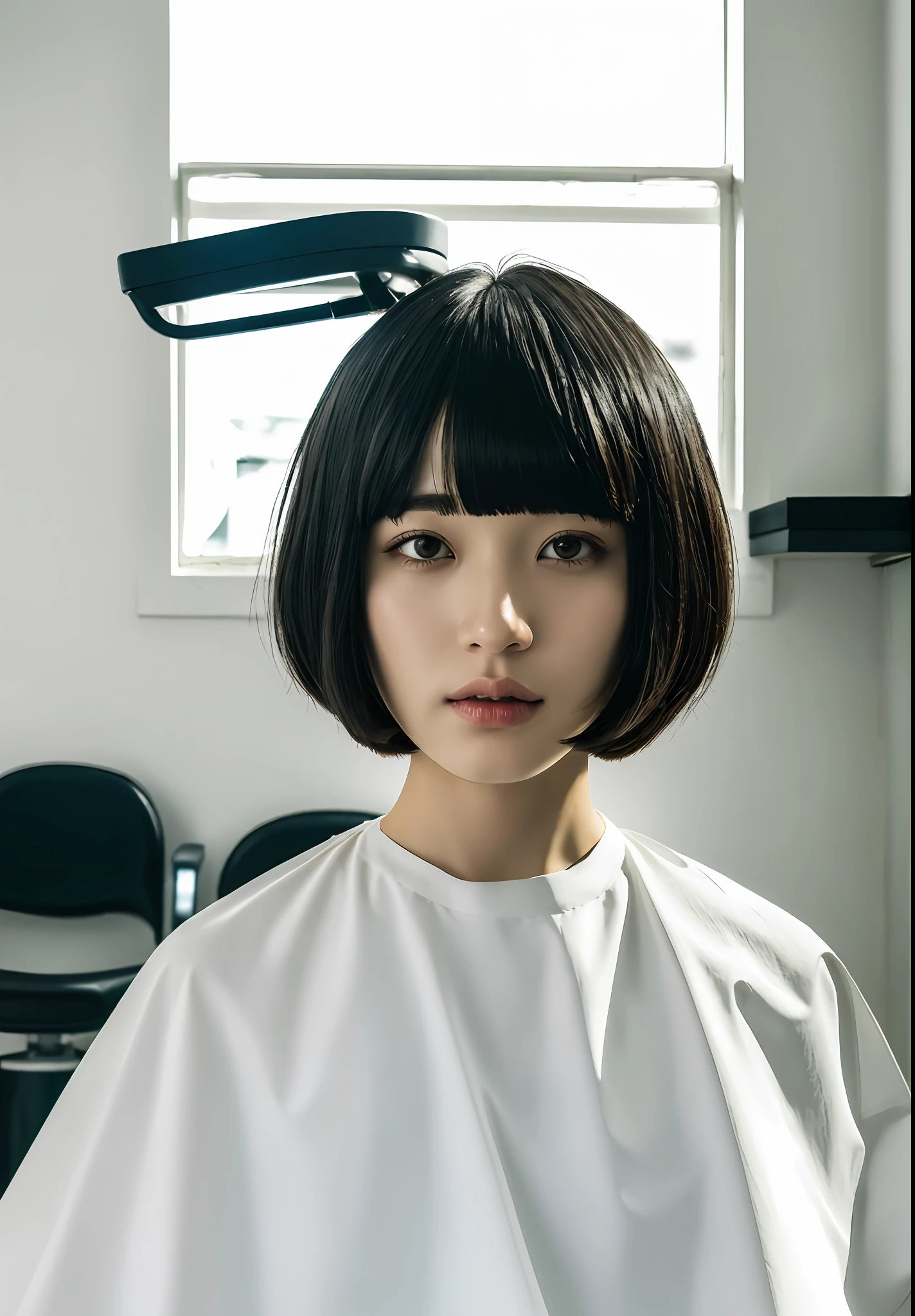 One girl, black hair, bangs, bob-cut hair, wearing a white cloth for a haircut, sitting in a barber chair with her back straight, inside an abandoned barbershop, spiritual stillness, transcendental tranquility, Absurdres, hdr, ultra detailed illustration, highly detailed face, RAW photography, film grain, deviantart trend, movie scene, natural light