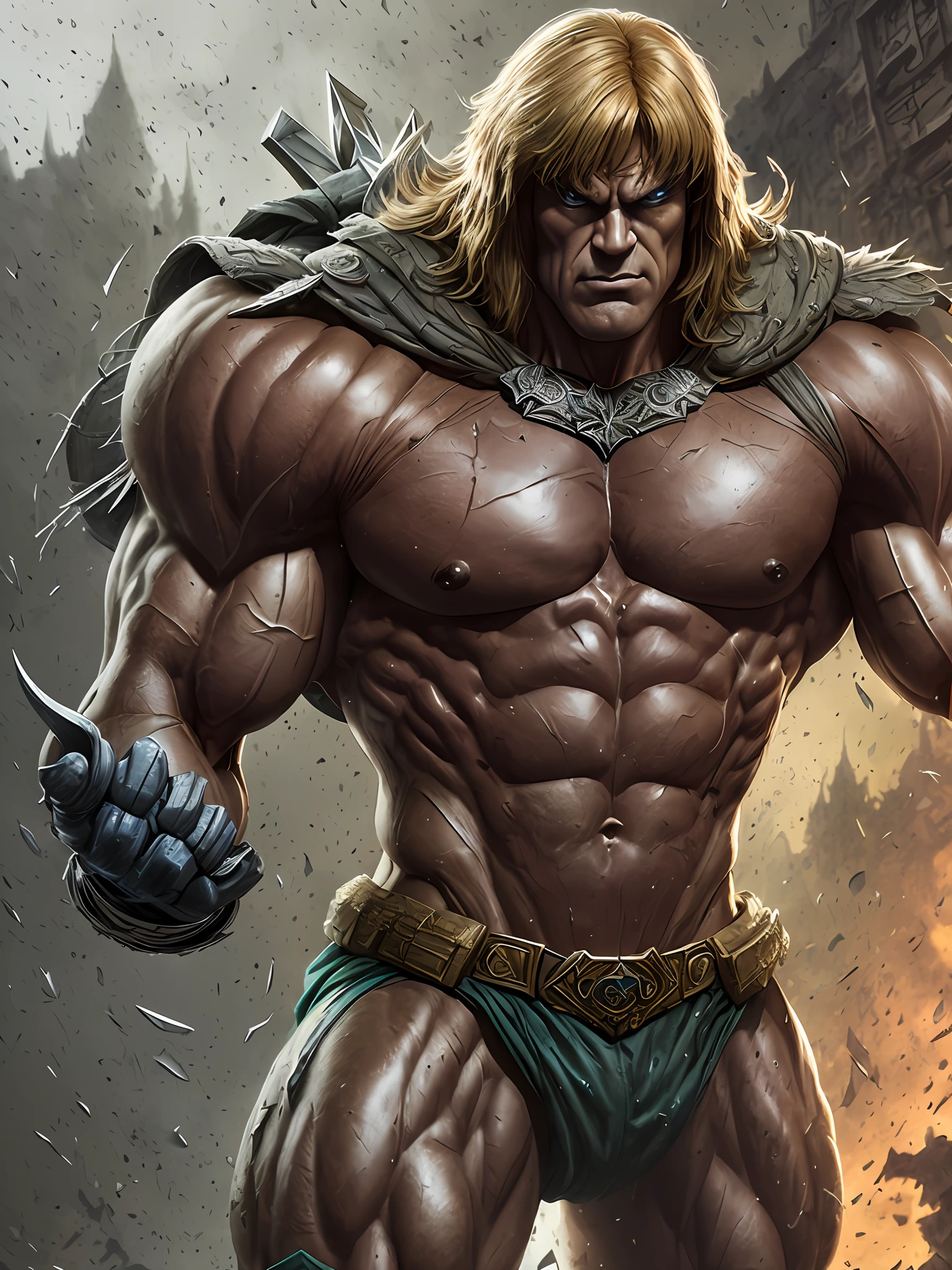 He-Man bodybuilder from Master of the universe, showing his big and well proportional muscles, street angry, backpack, epic realistic, photo, faded, complex stuff around, intricate background, soaking wet, neutral colors, ((((hdr)))), ((((muted colors)))), intricate scene, artstation, intricate details, vignette