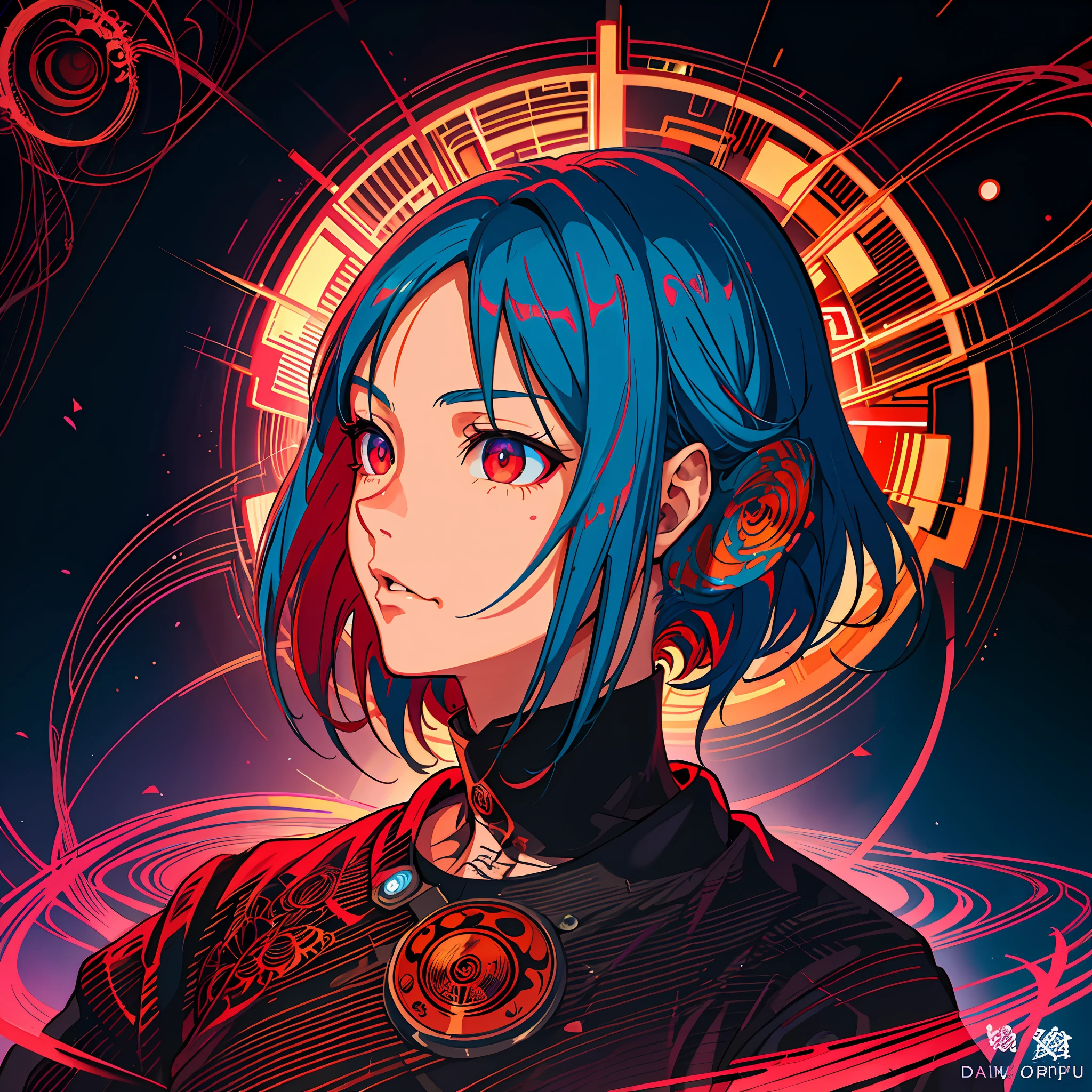 a close up of a person with a red light in the background, dreamy psychedelic anime, official fanart, digital anime illustration, ufotable art style, shigenori soejima illustration, demon slayer rui fanart, official artwork, inspired by Yuumei, ( ( ( ( ( dan mumford ) ) ) ) ), kilian eng vibrant colors, by Android Jones