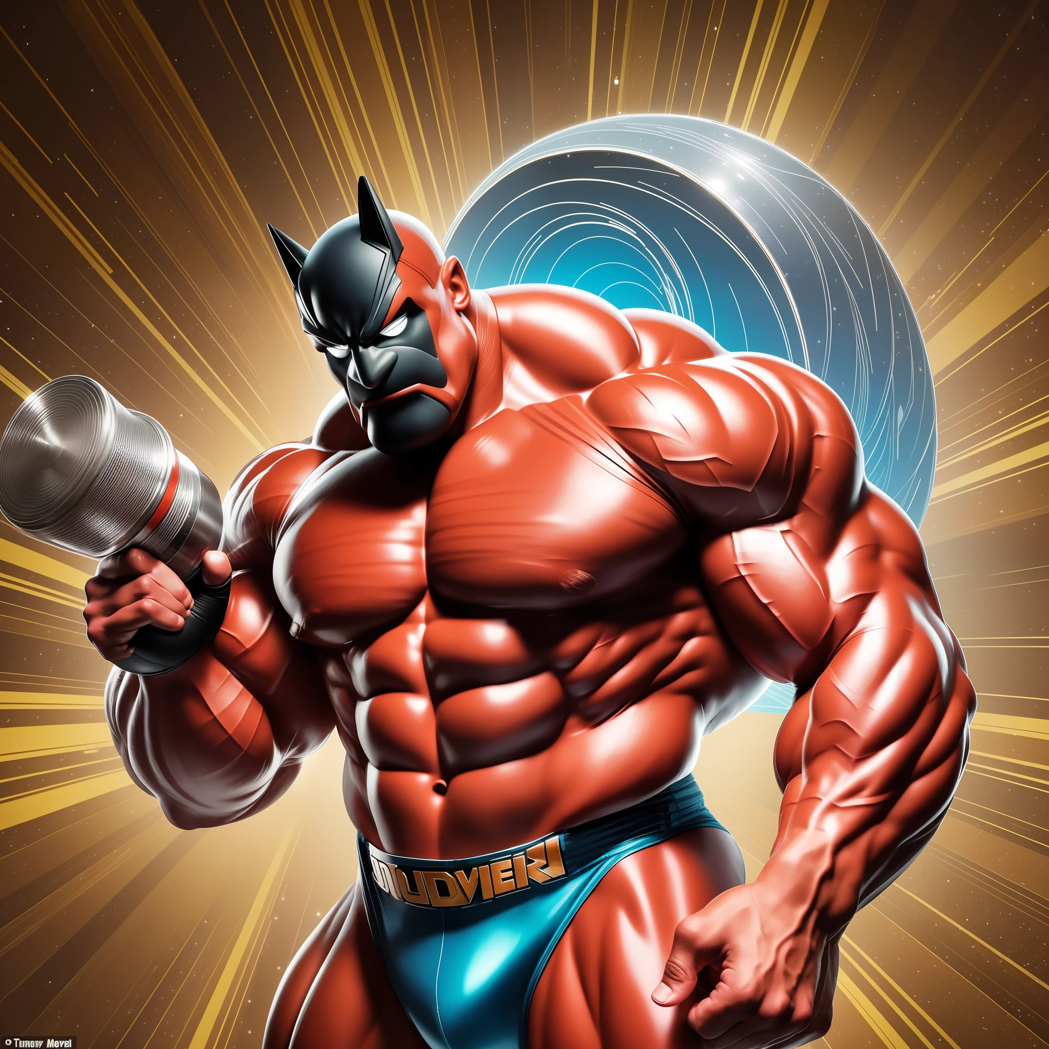 A huge muscular bodybuilder shape made of sound waves, three-dimensional, intricate, sparkling, Looney Tunes style, cartoon