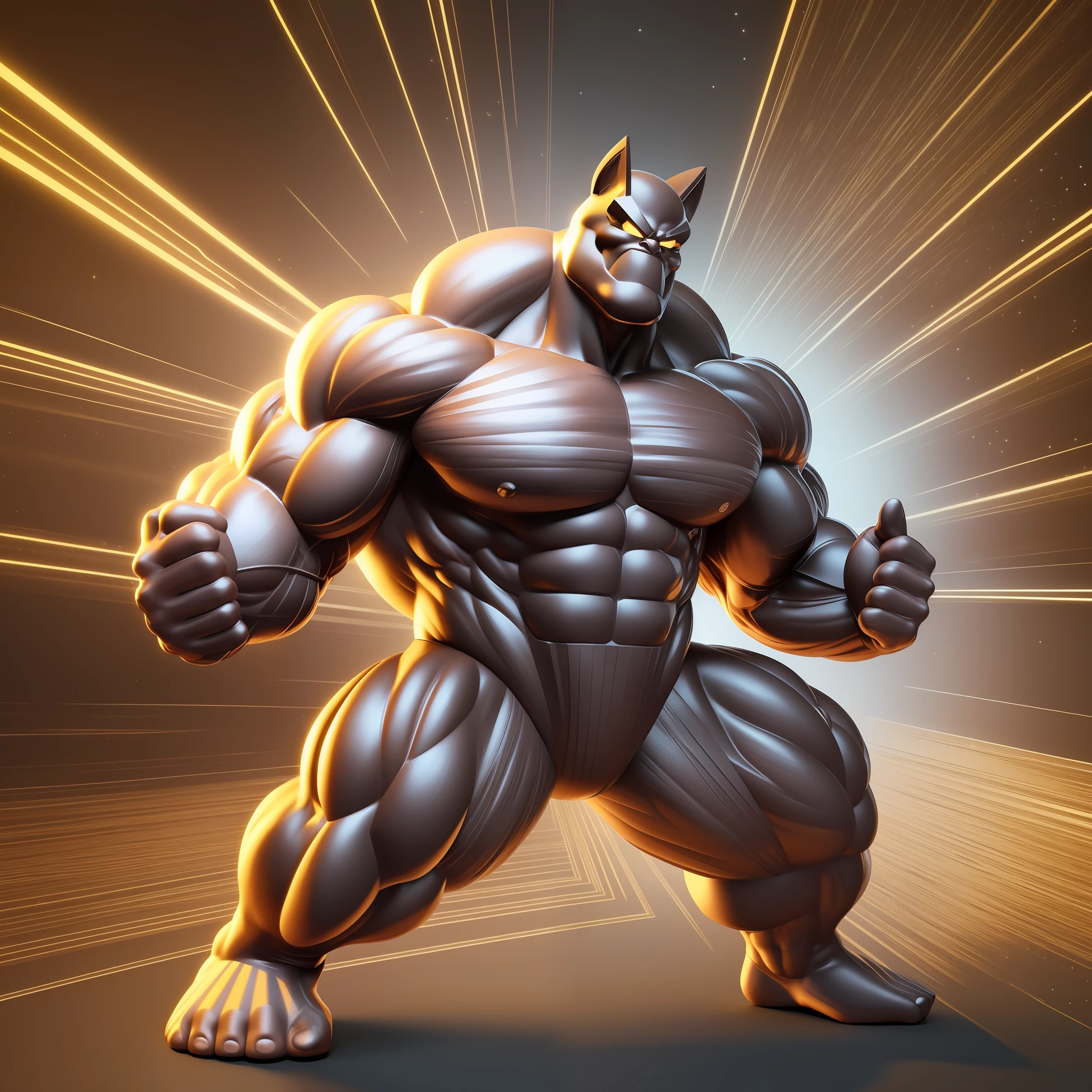 A huge muscular bodybuilder shape made of sound waves, three-dimensional, intricate, sparkling, Looney Tunes style, cartoon