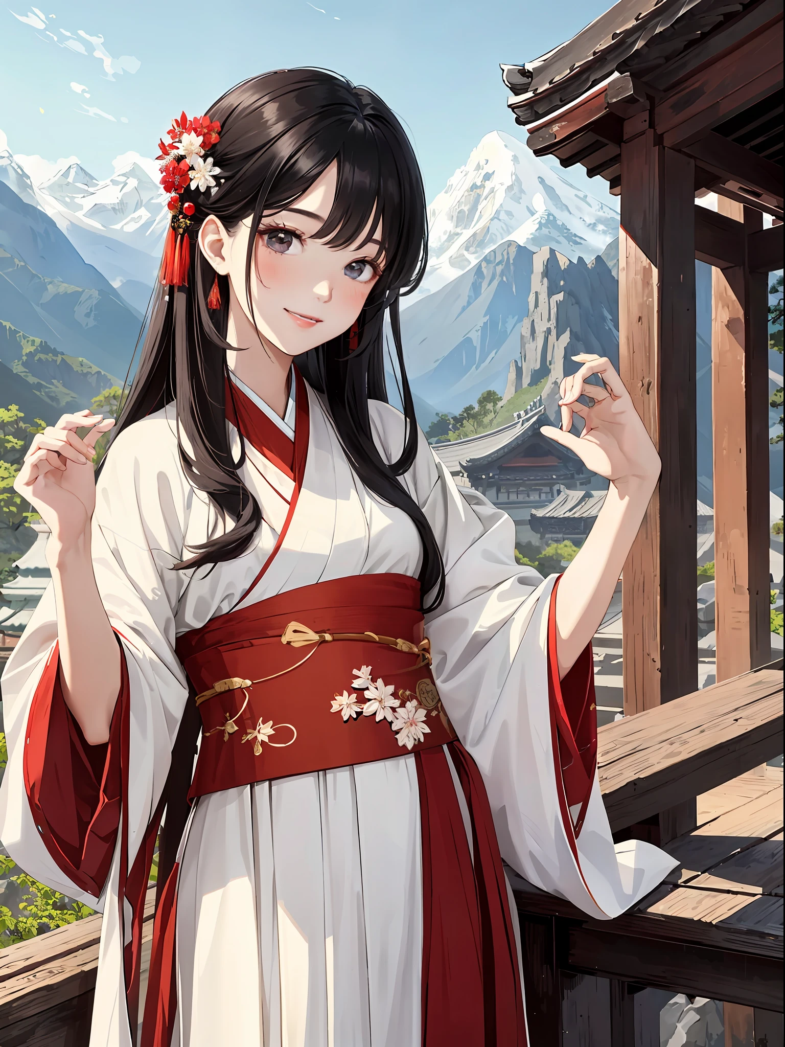 Best quality, masterpiece, solo, beautiful, girly, delicate face, black hair, red hair ornament, antique Hanfu, playful, sweet smile, mountain peak