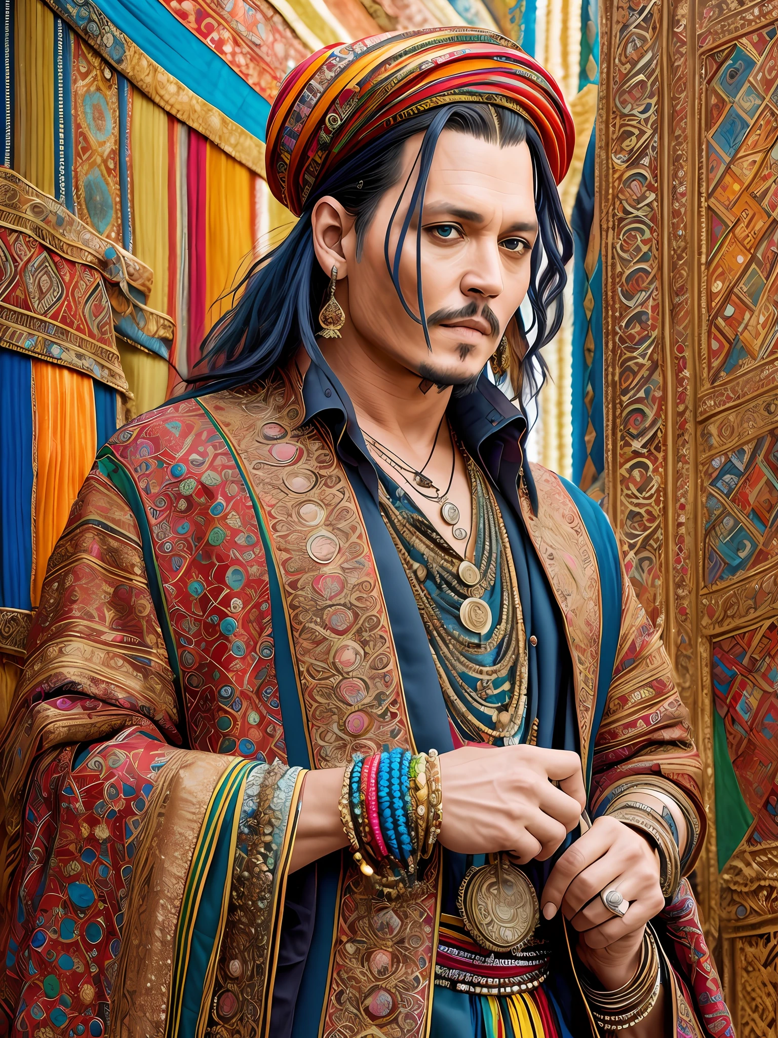 Masterpiece Photography Ultra Realistic Description: Johnny Depp, the enigmatic and versatile actor, captivates in this hyper-realistic 4K photograph. He defies expectations by wearing an eccentric, avant-garde ensemble, standing amidsta vibrant Moroccan marketplace bustling with colors, spices, and exotic treasures. The unexpected fusion of avant-garde fashion and lively market ambiance creates a visually captivating composition. With his charismatic gaze and enigmatic smile, he exudes a sense of mystique and artistic flair. The hyper-realistic portrayal captures the intricate details of his unique outfit and the vibrant surroundings, evoking a sense of cultural richness and adventure.