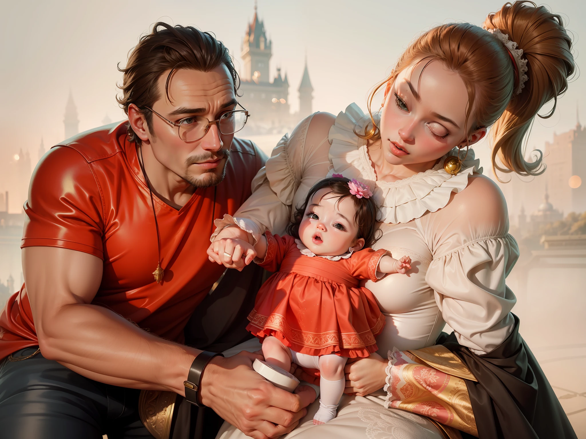 Hyper-realistic Cartoon Style: palaces in the background of the scenery, apply lens flare in the scene, Cinematic focus on the baby. --auto --s2