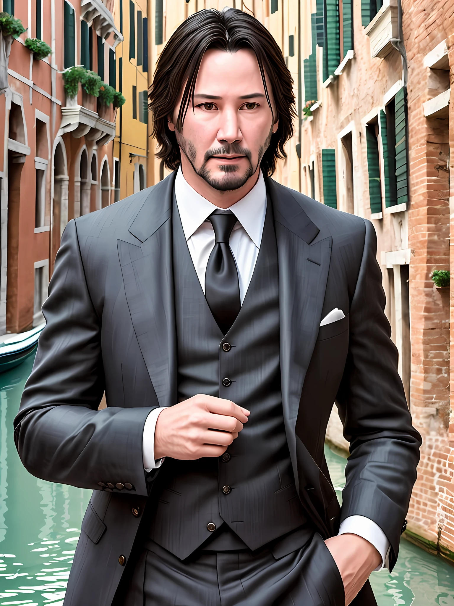 Masterpiece Photography Ultra Realistic Description: Keanu Reeves, the enigmatic actor with a charismatic presence, captivates in this hyper-realistic 4K photograph. He defies expectations by wearing an elegant, period-inspired suit, standing amidst a stunning Venetian canal lined with gondolas and colorful Renaissance architecture. The unexpected fusion of classic attire and Venetian splendor creates a visually enchanting composition. With his introspective gaze and relaxed demeanor, he exudes a sense of timeless elegance and mystery. The hyper-realistic portrayal captures the intricate details of the period suit and the picturesque Venetian backdrop, evoking a sense of romance and intrigue.