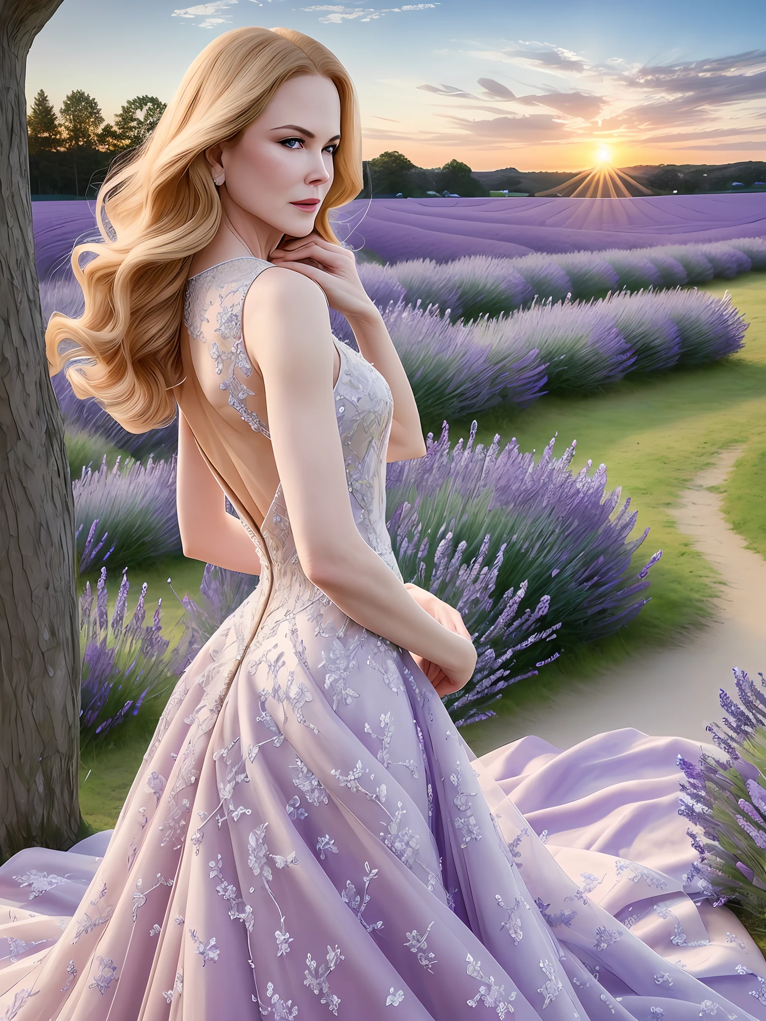 Masterpiece Photography Ultra Realistic Description: Nicole Kidman, the graceful and talented actress, shines in this hyper-realistic 4K photograph. She defies expectations by wearing a stunning, couture gown, standing in a blooming lavender field with the sun setting in the distance. The unexpected fusion of haute couture and natural beauty creates a visually breathtaking composition. With her ethereal beauty and serene expression, she exudes a sense of elegance and serenity. The hyper-realistic portrayal captures the intricate details of the couture gown and the picturesque lavender field, evoking a sense of romanticism and natural splendor.