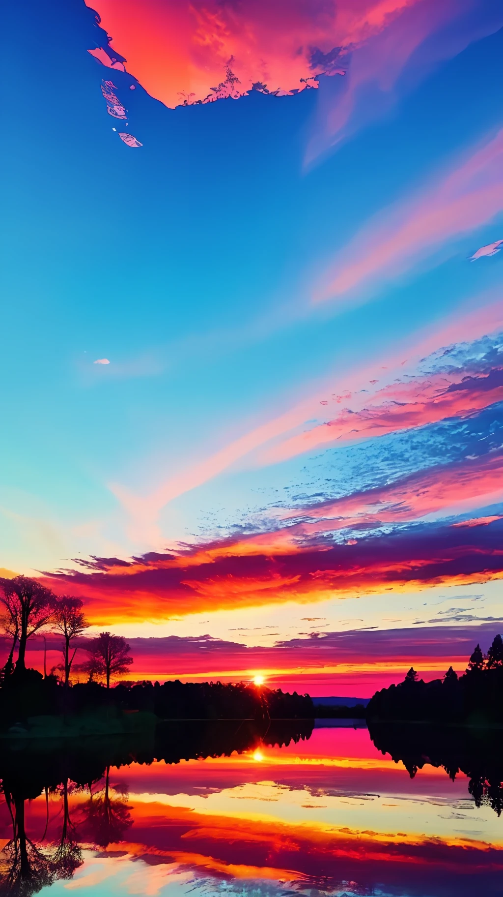 There is a beautiful sunset, sunset with lake and trees in the background, colorful sky, surreal colors, colorful sunset, colorful sky, wonderful sky reflection, amazing sky, fantastic atmosphere 8K, colorful clouds, color reflection on the lake, surreal sky, red and blue reflection, fire reflection, beautiful sky, beautiful and spectacular dusk, beautiful dream landscape, amazing sky