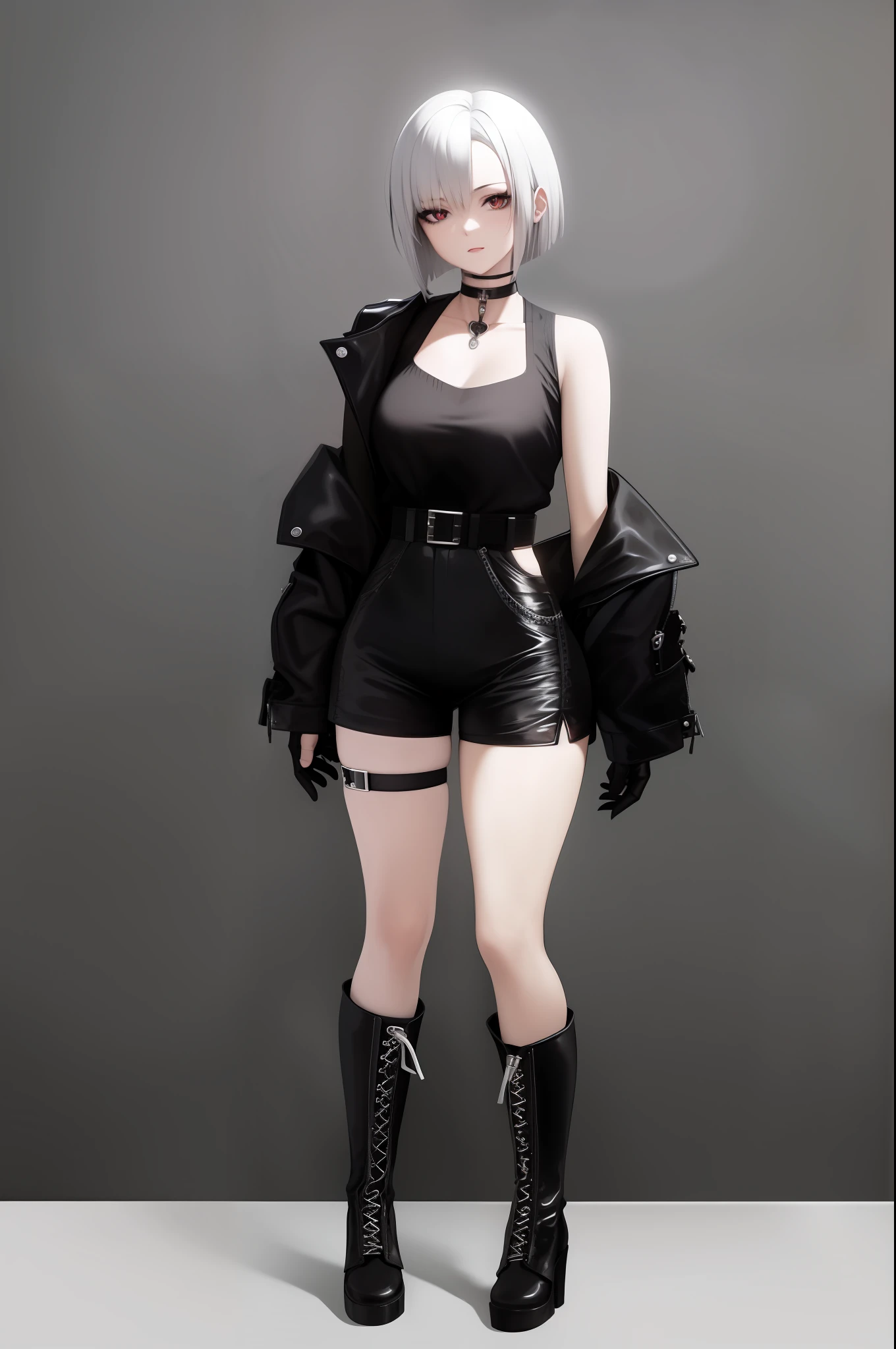 Female character, white bob hair, eagle theme black clothing, choker, full body, ydllow eyes, mini shorts, boots.