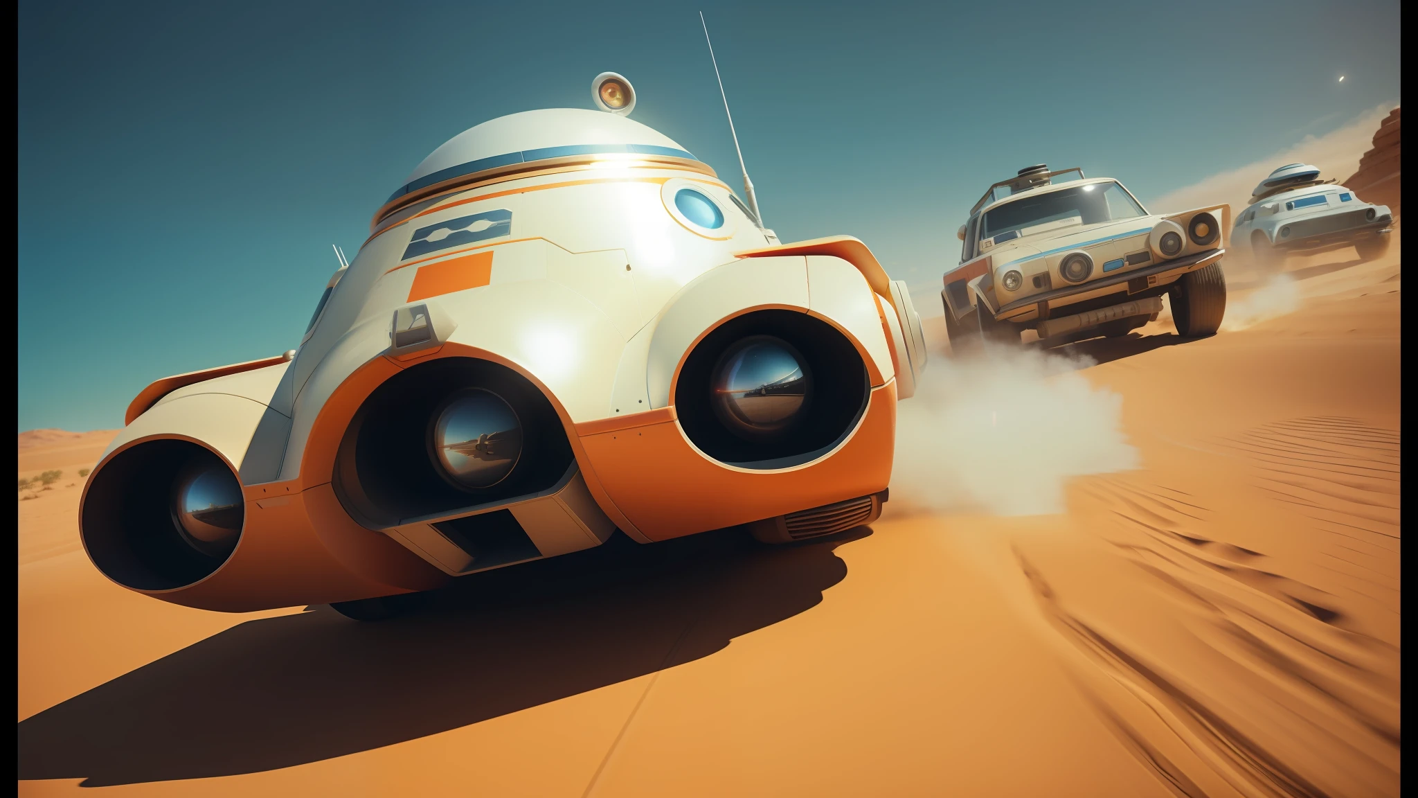 there are three cars driving in the desert with a man on the back, star wars digital art, pixar. octane render, spaceships flying in background, robotic pig, racers, featured on vimeo, promotional image, playable trailer, google logo, anamorphic, caravan, by Werner Tübke, by Richmond Barthé, 1 9 7 0 s sci - fi