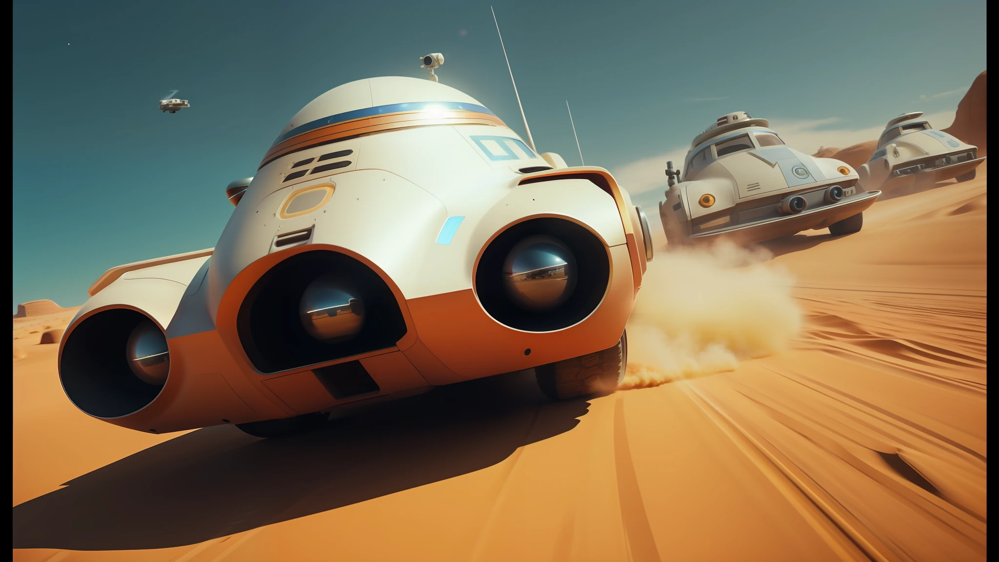 there are three cars driving in the desert with a man on the back, star wars digital art, pixar. octane render, spaceships flying in background, robotic pig, racers, featured on vimeo, promotional image, playable trailer, google logo, anamorphic, caravan, by Werner Tübke, by Richmond Barthé, 1 9 7 0 s sci - fi