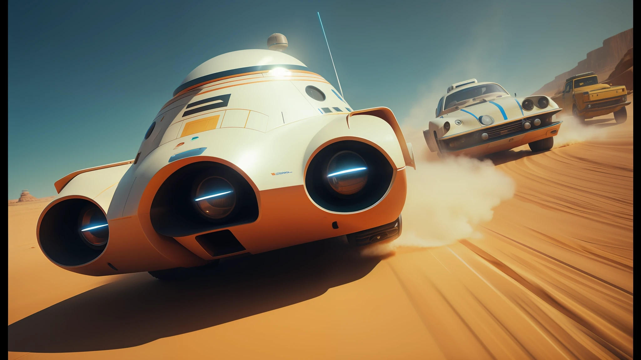 there are three cars driving in the desert with a man on the back, star wars digital art, pixar. octane render, spaceships flying in background, robotic pig, racers, featured on vimeo, promotional image, playable trailer, google logo, anamorphic, caravan, by Werner Tübke, by Richmond Barthé, 1 9 7 0 s sci - fi