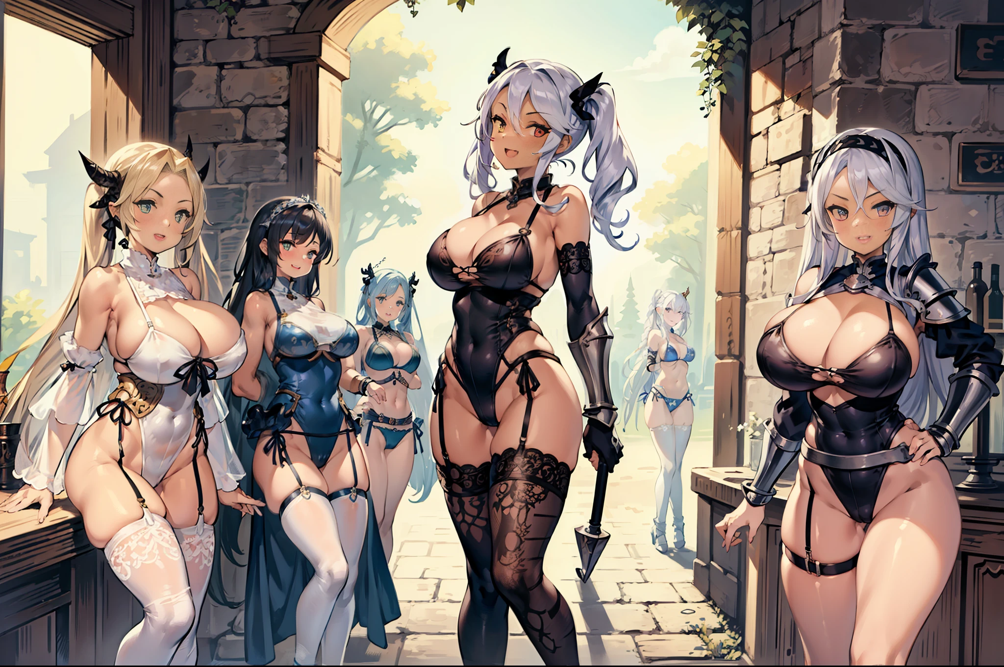 (masterpiece), maximum quality, (intricate high detailed body:1.5), (4 girls, group shot:1.4), (slim body:1.1), (huge tits:1.5), (dark skin:1.1), (muscles:1.1), blonde hair, silver hair, twin tails, braid, forehead, (open mouth, happy smile:1.1), (wink:1.2), (jewelry, knight armor, intricate leotard with sleeves, bikini armor, see through clothing:1.2), garter belt, body suits, retrospective, rear view, back focus, medieval tavern