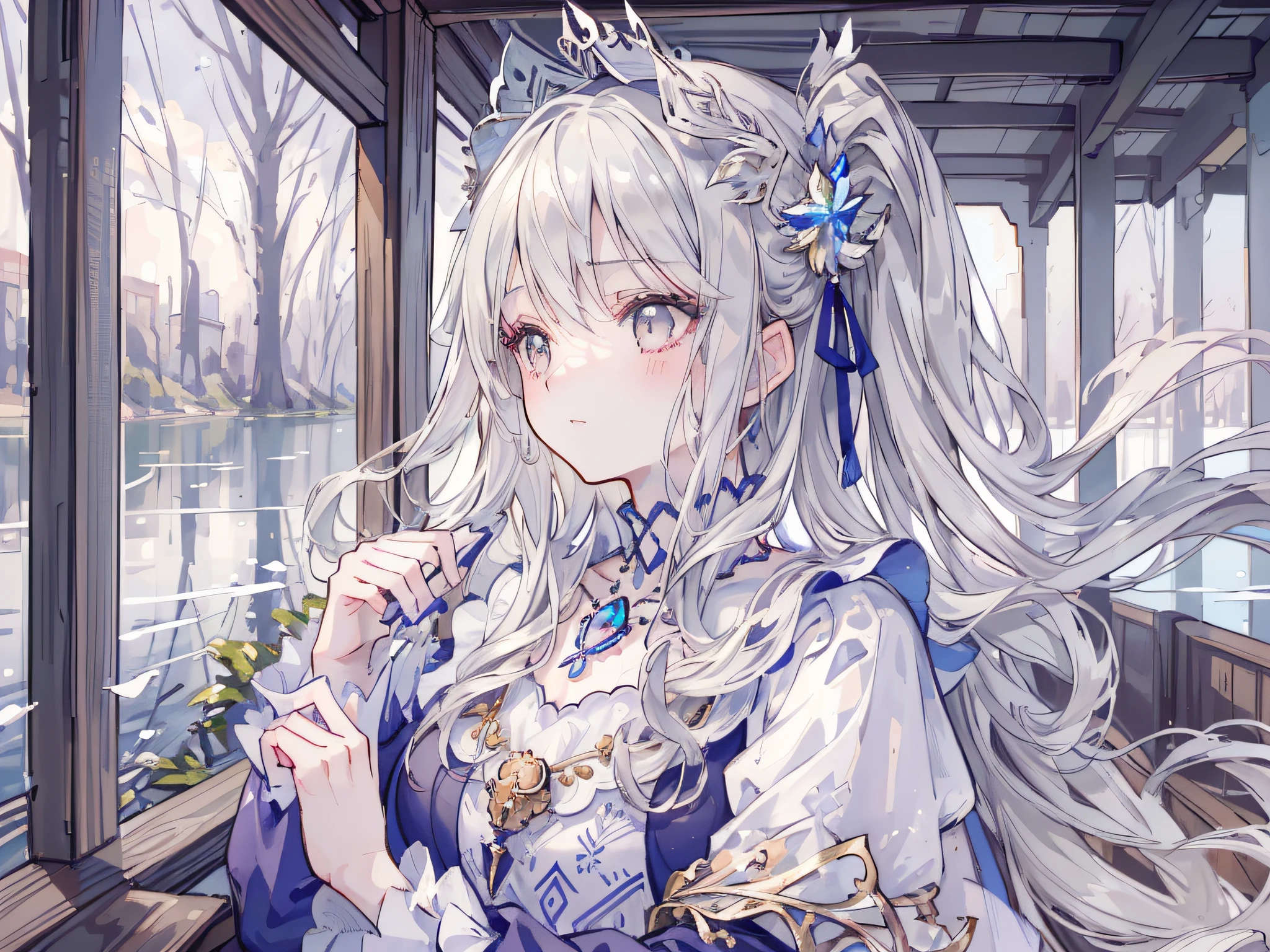 (Masterpiece), (Best Quality), (1 Girl)), Amazing, Beautiful Detail Eyes, Fine Detail, Depth of Field, Original, ((Best Quality)), ((Super Detailed)), (Best Illustration), (Best Lighting, Best Shadow), (Very Delicate and Beautiful)), Very Detailed Wallpaper, Dream Background, From Side, Landscape, Young Girl, Lori, Full Body, Long White Hair, (((Gray Eyes)), Eyes in Beautiful Details, Medium Breasts, (((Cobalt Long Dress)), Fluffy Long Sleeves, Hair Accessories, necklace, winter, light, light makeup, outdoors, blushing, lying by the lake, looking away, on a wooden boat, wind blowing, floating