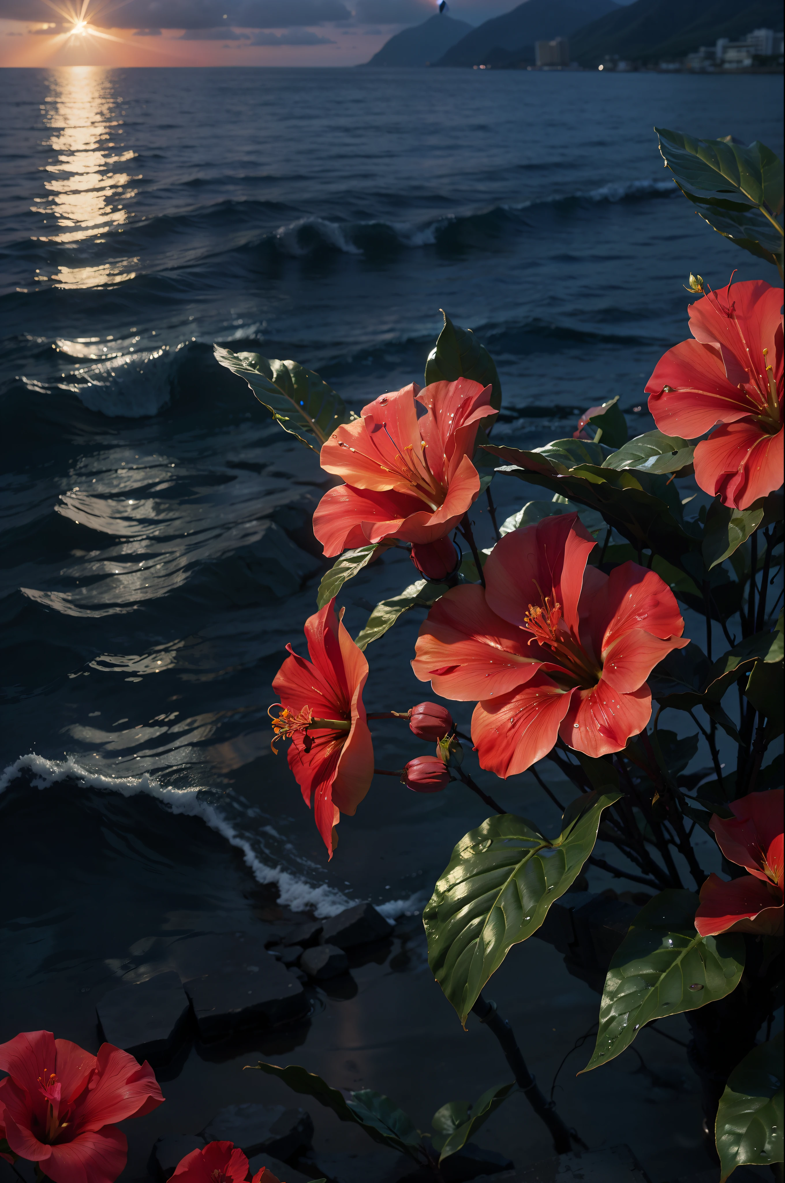 hibiscus Moon with water drops,neon glow, random background, sun rise, bokha mood