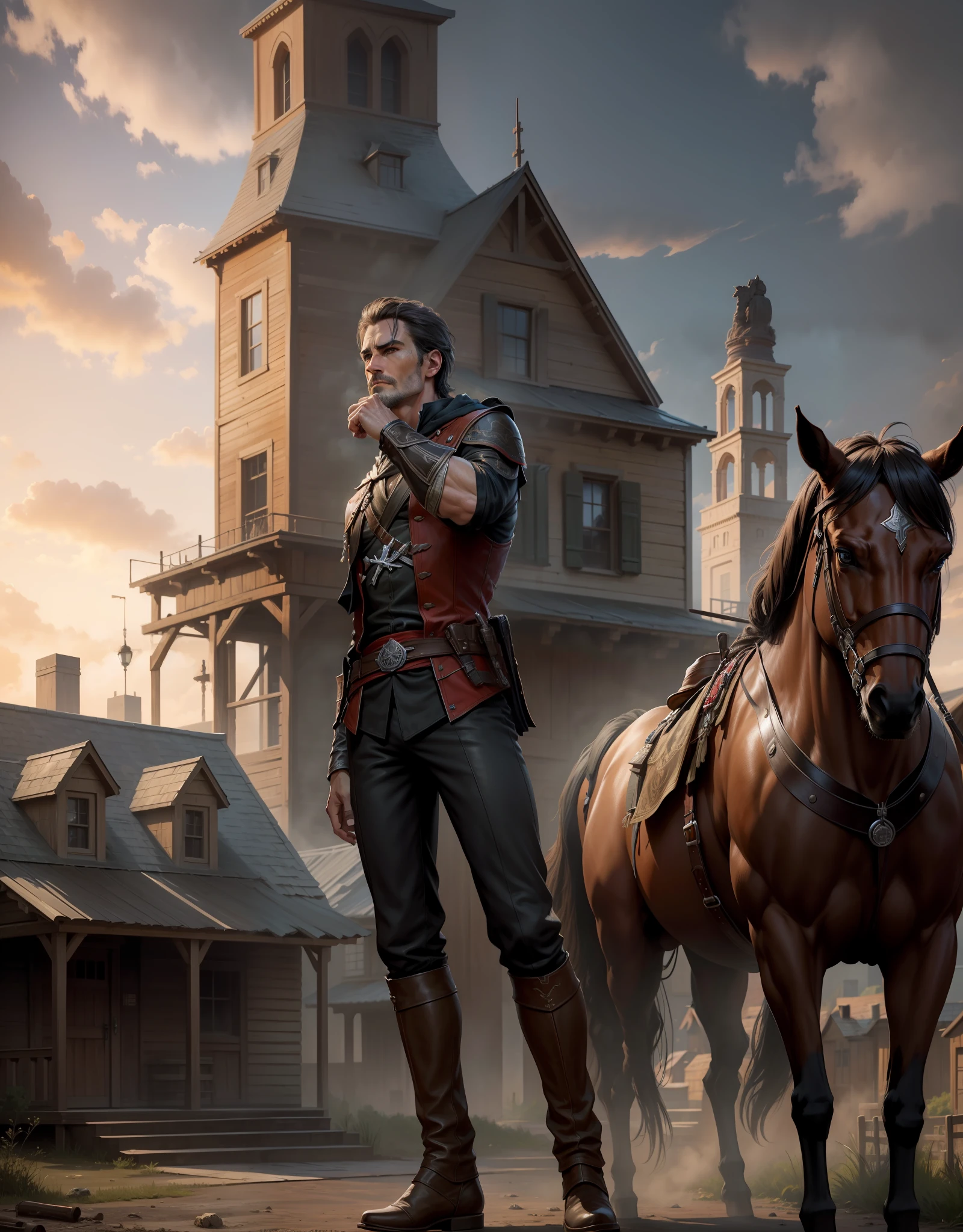 (realistic, highres, ultra detailed), 1 male, young face, no beard, mature, manly, tall muscular, handsome, finely detailed eyes, intricate details, portrait, looking at viewer, solo, (full body:1), detailed background, assassins creed, master assassin, black rugged leather assassin clothes, hood, capelet, leather pouches, rebel, dynamic pose, fighting, detailed background, Texas, house, town, sparks, sewers in background, dirt, roof, wood box, horse, cowboys, golden land, --auto --s2