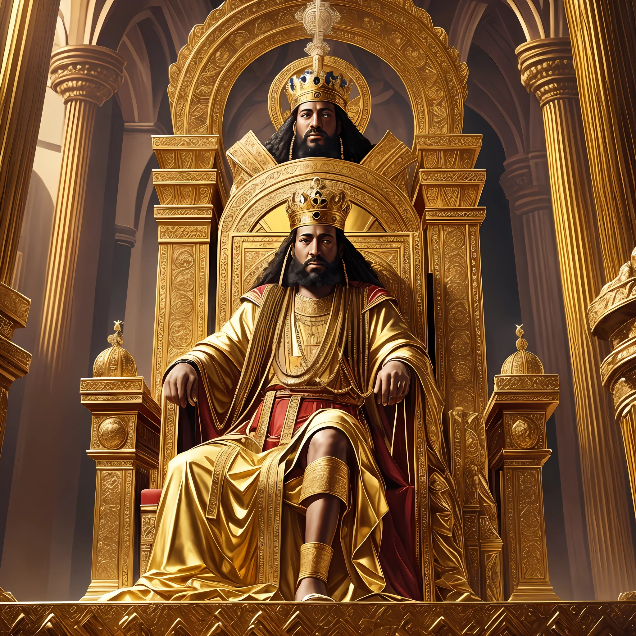 King Solomon, seated on the throne, crown of gold and jewels --auto --s2