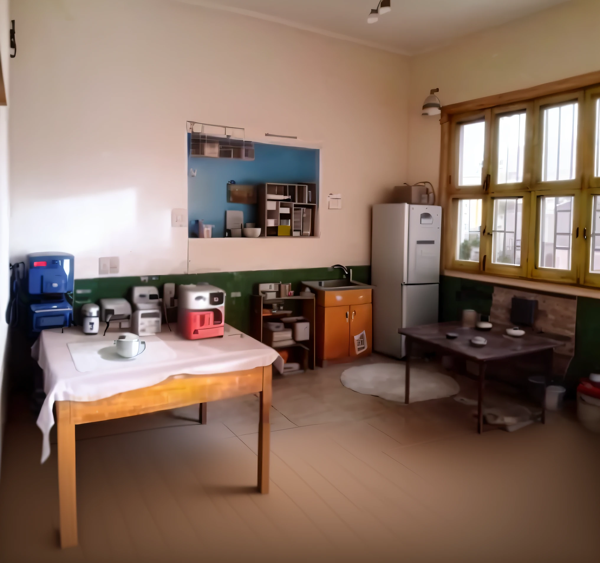there is a kitchen with a table, refrigerator, and a window, house kitchen on a sunny day, kitchen, inside an old apartment, old apartment, apartment of an art student, overheard camera view of kitchen, house interior, interior of a small, open plan, photo taken from far, interior view, lab, dark kitchen of an art student