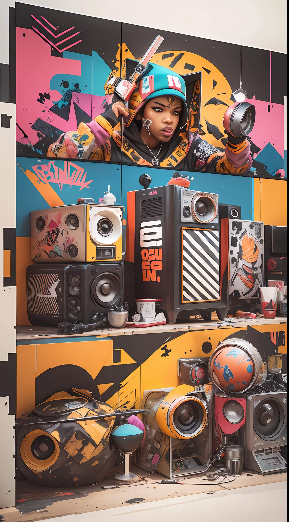 flyer uses abstract images that represent the spirit of hip hop, such as graffiti, urban elements, breakdance sketches, among others. Use vibrant, bold colors that grab attention and reflect the energy of rap and hip hop. It includes icons that represent key elements of hip hop culture, such as microphones, turntables, cassettes, among others. If you like typography, you can experiment with angular and bold letters that denote strength and dynamism. It uses geometric shapes and patterns that reference the aesthetics of hip hop and graffiti. Be sure to include key event information, such as the date, place, and artist names. You can do this through a stylized timeline or map that highlights the location of the concert. --auto --s2