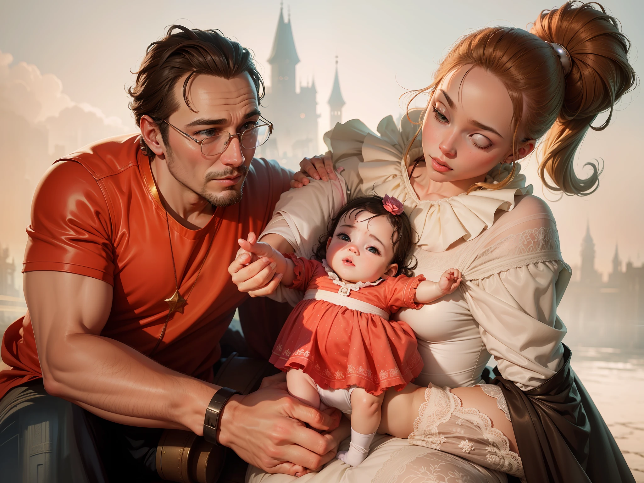 Hyper-realistic Cartoon Style: palaces in the background of the scenery, apply lens flare in the scene, Cinematic focus on the baby. --auto --s2