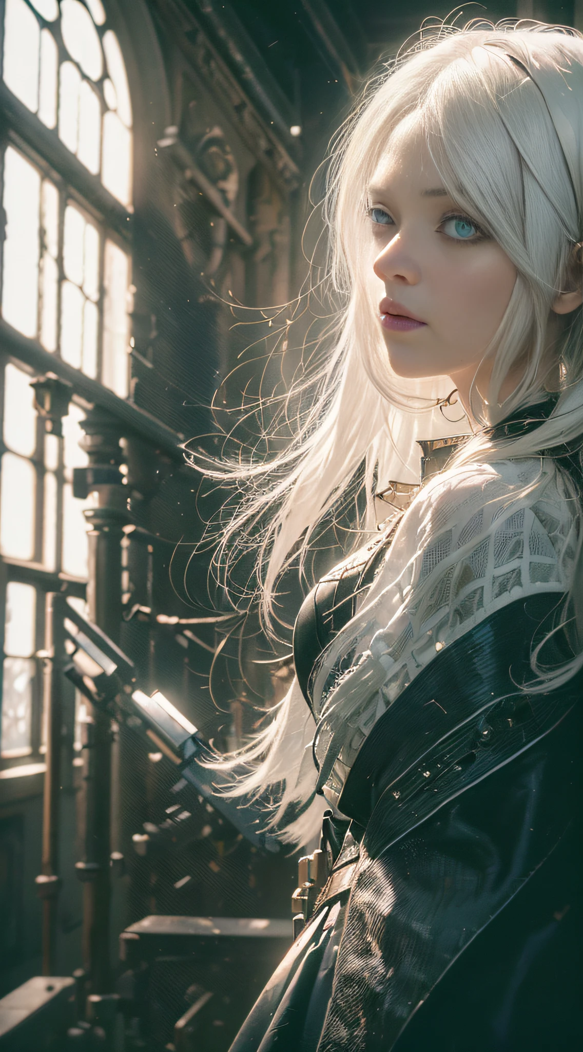 "(white eyes), (blind girl)(perfect face),(best quality) ,(industrial photography) ,(girl in church) ,(antique dress) ,(white hair details) ,(sunlight filtered through the windows,rtx) ,(dark and mysterious background) ,(high contrast) " --auto --s2