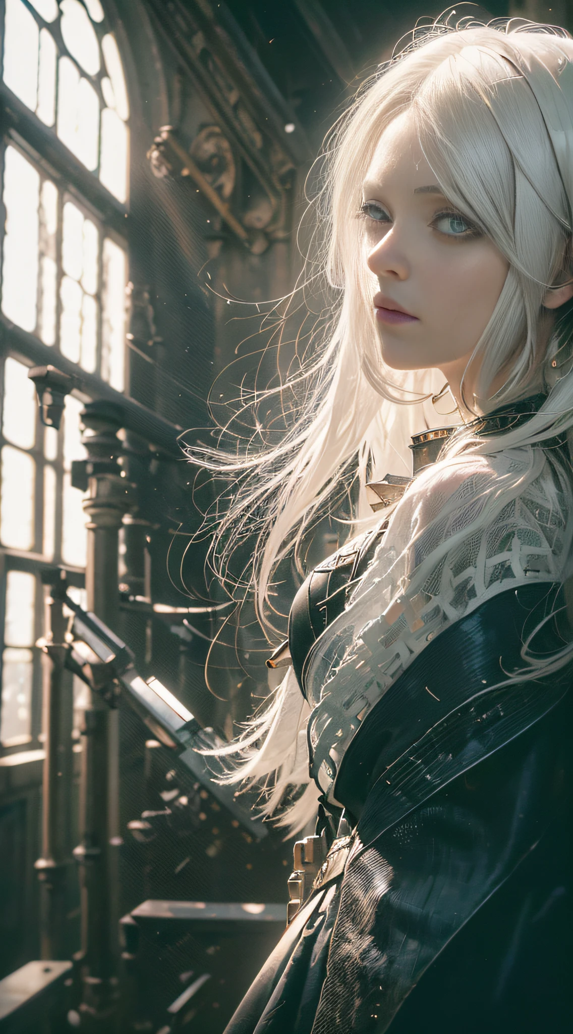 "(white eyes), (blind girl)(perfect face),(best quality) ,(industrial photography) ,(girl in church) ,(antique dress) ,(white hair details) ,(sunlight filtered through the windows,rtx) ,(dark and mysterious background) ,(high contrast) " --auto --s2