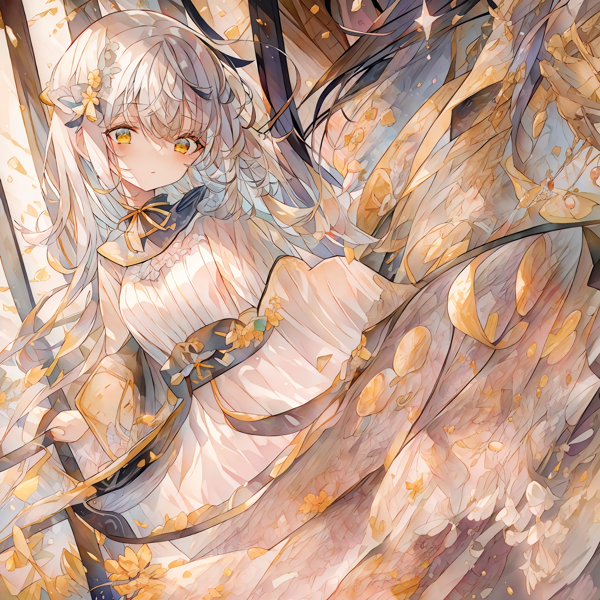 {{best quality}},{llustration},{beautiful detailed eyes},dynamic angle, 1 girl, (masterpiece, best quality:1.2),white hair,yellow eyes,cute face, face,white halter dress,{{border}},light,solo,{{white beret}},small breasts,loliull body}},stereogram,frilled dress,white and yellow theme,neck ribbon,criss-cross halter,strapless dress,white clothes,yellow diamond color crystal background,framed breasts,Blunt bangs,pointy breasts,cleavage cut,outunaligned breasts,long hair