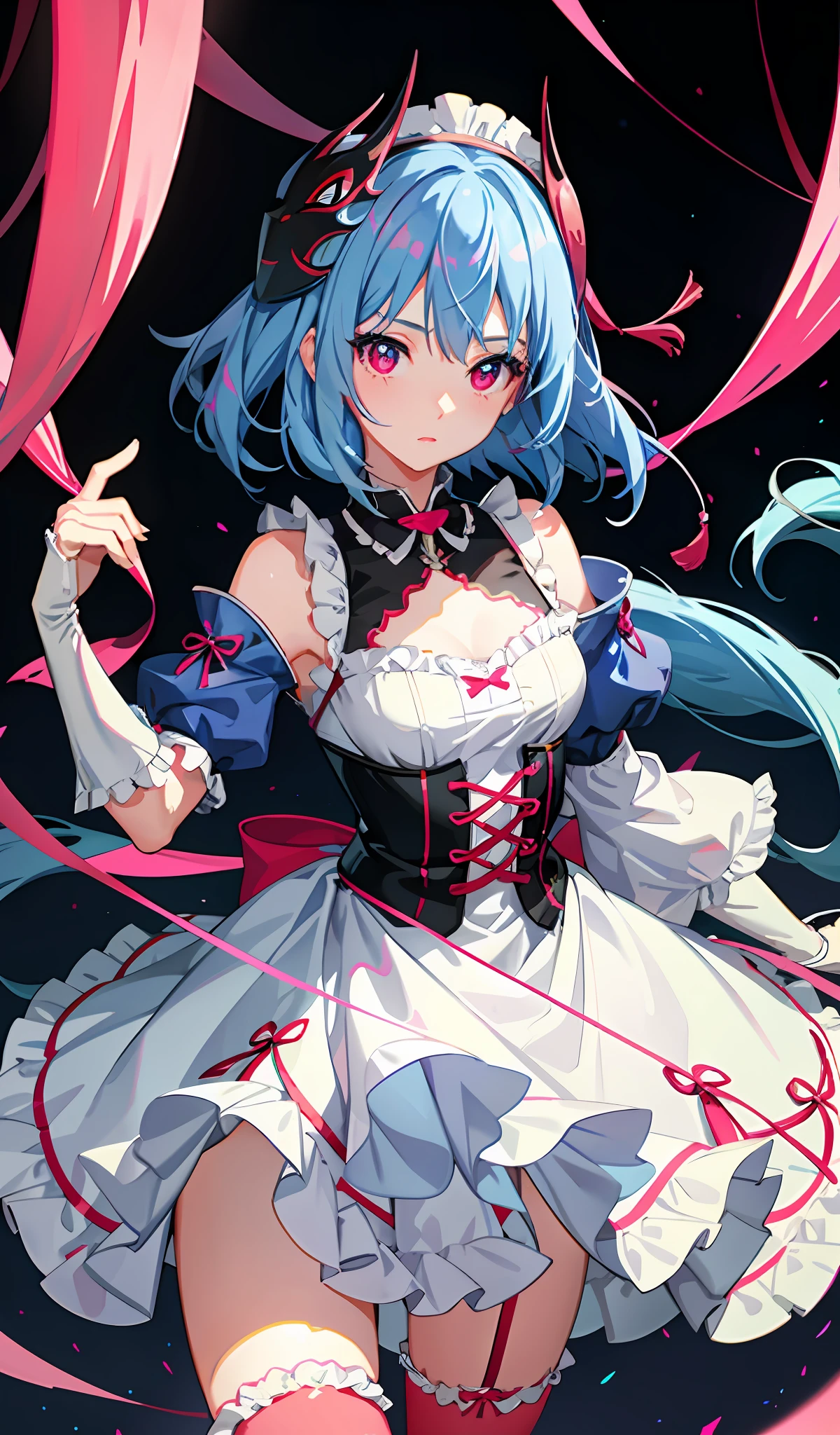 1girl, blue hair, tassels, red eyes, mask on head, side light, light particles, wallpaper, mid-chest, pink stockings, Lolita shoes