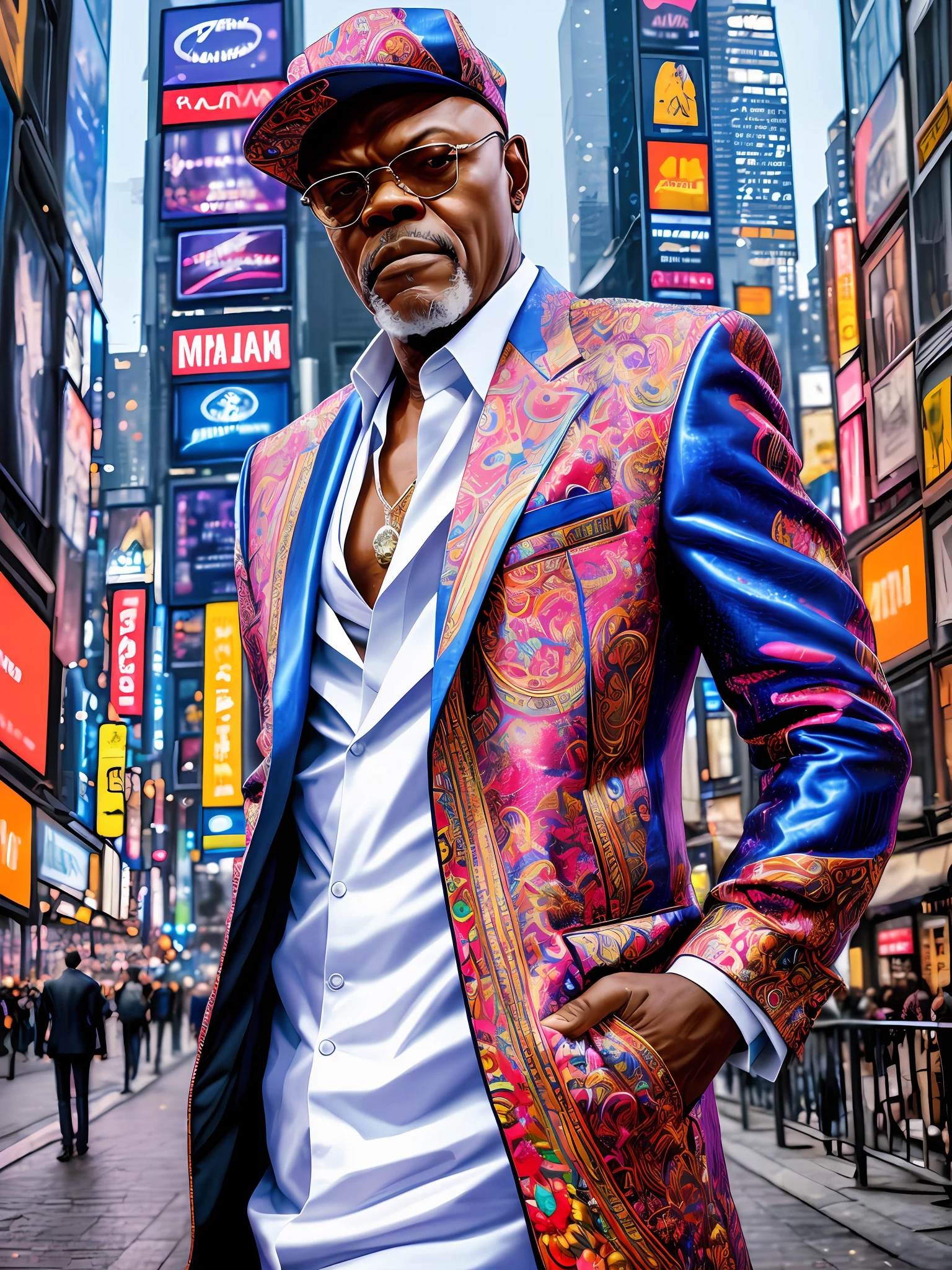 Masterpiece Photography Ultra Realistic Description: Samuel L. Jackson, the iconic actor known for his powerful performances, captivates in this hyper-realistic 4K photograph. He defies expectations by wearing an extravagant, flamboyant outfit, standing in a vibrant, bustling city street filled with colorful lights and energetic crowds. The unexpected fusion of extravagant fashion and urban energy creates a visually dynamic composition. With his commanding presence and charismatic expression, he exudes a sense of confidence and charisma. The hyper-realistic portrayal captures the intricate details of the flamboyant outfit and the vibrant cityscape, evoking a sense of artistic expression and urban vibrancy.