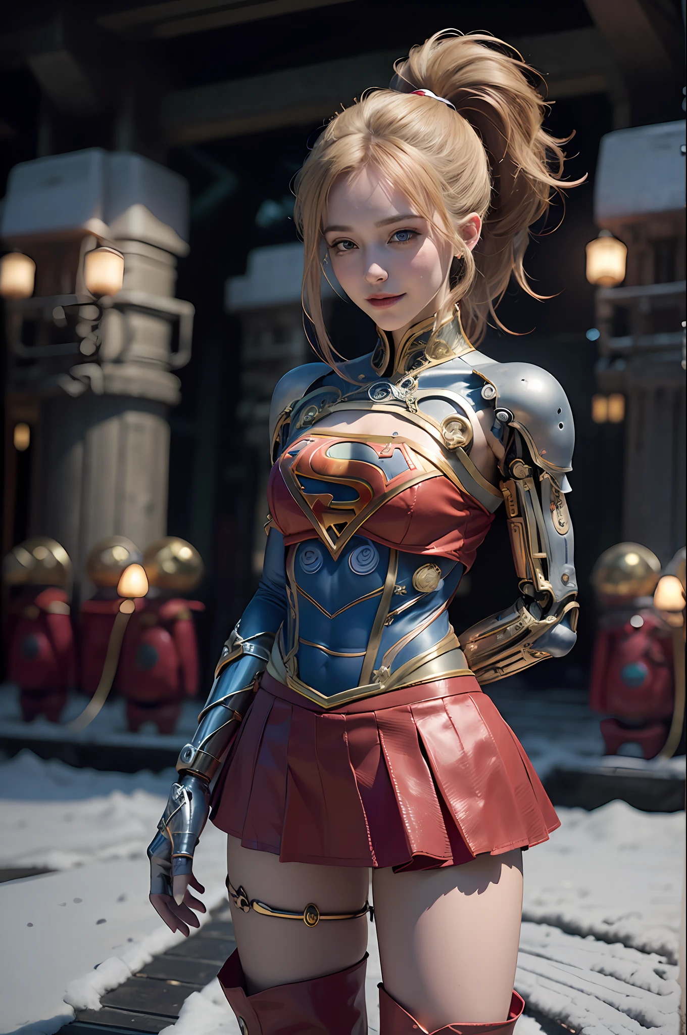 official art, unity 8k wallpaper, ultra detailed, beautiful and aesthetic, beautiful, masterpiece, best quality, (zentangle, mandala, tangle, entangle), 1girl, ((full pose)), ((supergirl)), skin tight top, (panty), (((red mini skirt))), red cape, (camel toe), single ponytail, open leg pose, extra long blonde ponytail, blonde hair, (detailed blue eyes), (smiling), ((flying in sky:1.4)) (complicated ultra detailed enchanted city landscape:1.3), small_breasts, red thigh highs boots, reelmech, (mechanical parts:1.5), cyborg, robotic parts, luxurious cyberpunk
