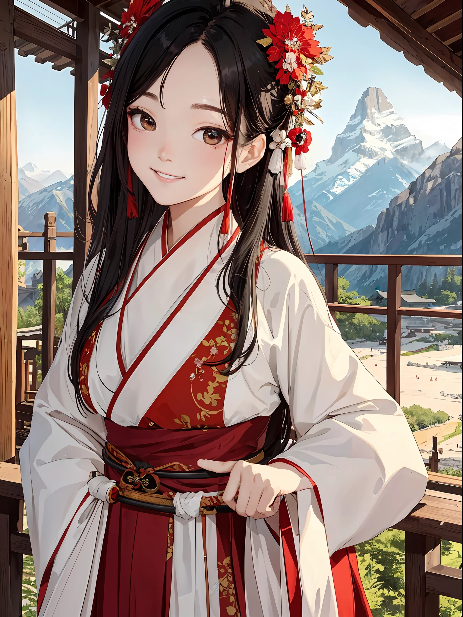 Best quality, masterpiece, solo, beautiful, girly, delicate face, black hair, red hair ornament, antique Hanfu, playful, sweet smile, mountain peak