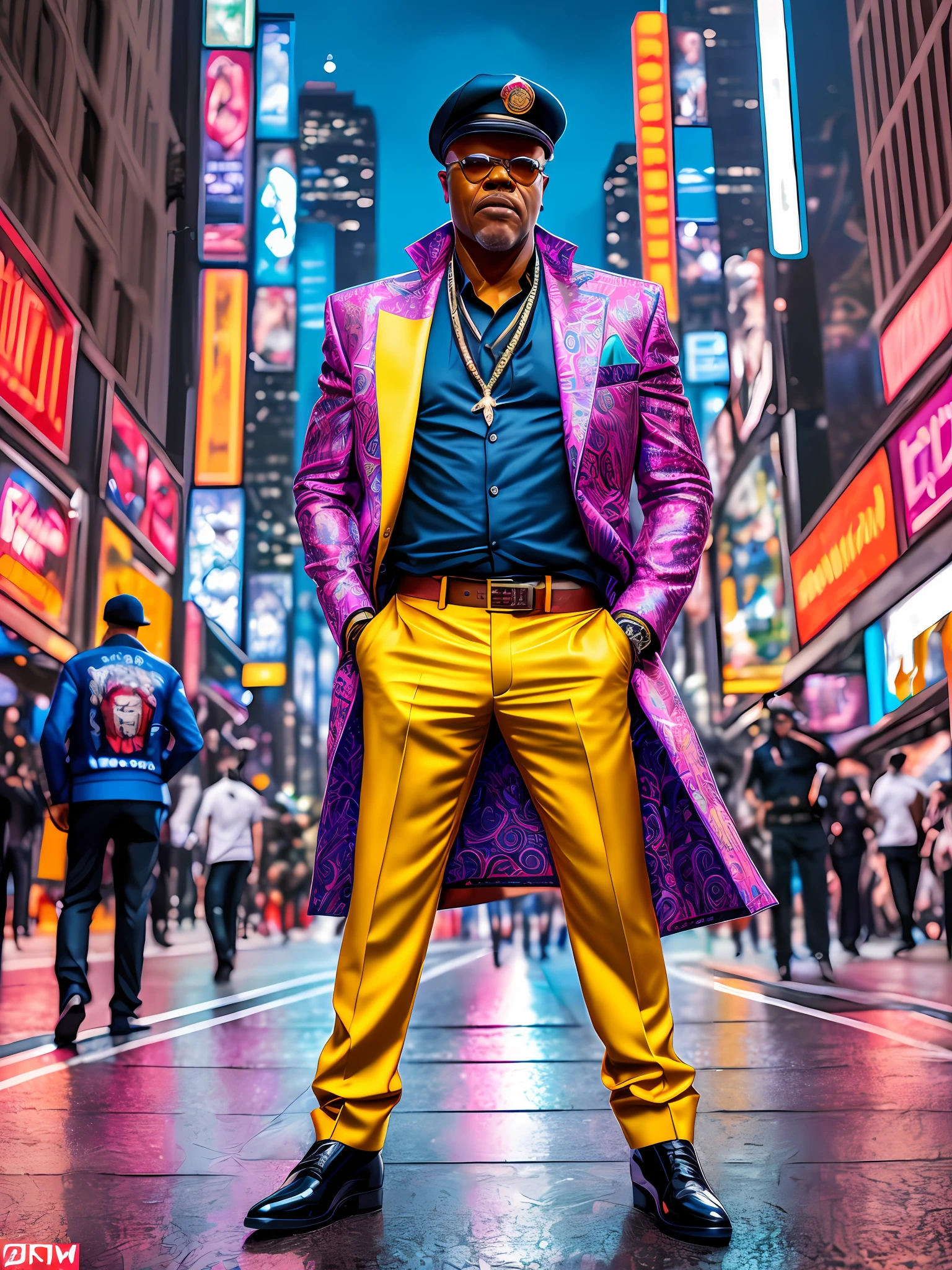 Masterpiece Photography Ultra Realistic Description: Samuel L. Jackson, the iconic actor known for his powerful performances, captivates in this hyper-realistic 4K photograph. He defies expectations by wearing an extravagant, flamboyant outfit, standing in a vibrant, bustling city street filled with colorful lights and energetic crowds. The unexpected fusion of extravagant fashion and urban energy creates a visually dynamic composition. With his commanding presence and charismatic expression, he exudes a sense of confidence and charisma. The hyper-realistic portrayal captures the intricate details of the flamboyant outfit and the vibrant cityscape, evoking a sense of artistic expression and urban vibrancy.