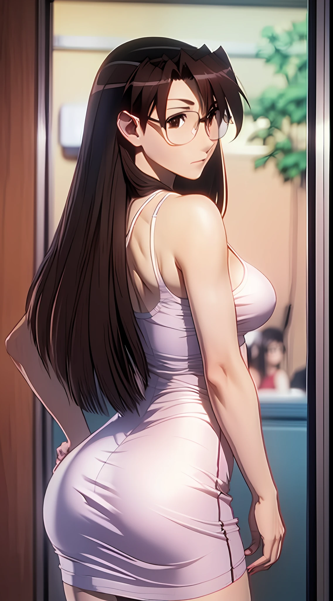 Koyomi Mizuhara, long hair, brunette female with bangs, eyes, glasses, huge breasts, medium plump ass, slender figure, athletic build, standing, view from behind, sexy tight dress