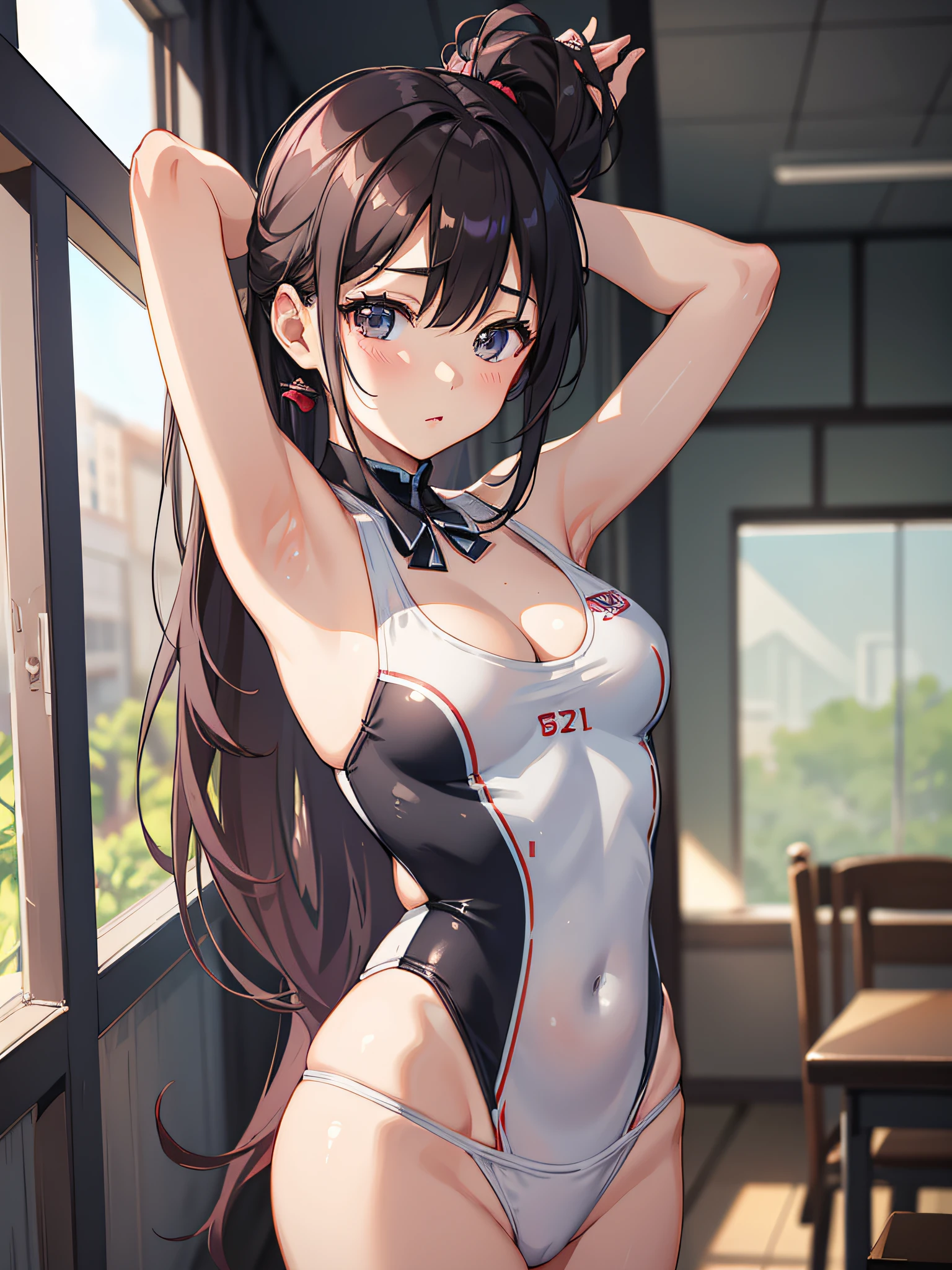 {Japanese slender beautiful girl}, high resolution, best quality, {masterpiece}, ultra-detailed, {school swim suit}, , wedgie, caustics, detailed, cinematic lighting, long hair, no blash cheeks, school class room