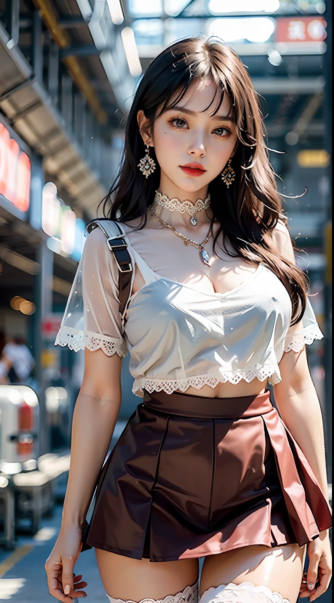 "Top CG, highest quality, masterpiece, delicate and delicate beautiful girl, fair skin, perfect facial features, close-up facial features, bright eyes, red lips, delicate smile, beautiful and heroic, necklace, lace cutout collar, earrings, black hair, sparkling, see-through visible skin, red long coat on the upper body, transparent plastic deep V-neck T-shirt inside, chest revealed, close-up chest revealed, lower body wearing mesh short skirt, 4k picture quality, urban beauty, modern city, lace openwork socks, realism, city, train station, Tanabata Festival, standing pose, stroll, motion capture, shopping, wide-angle lens, left leg thigh lace tie