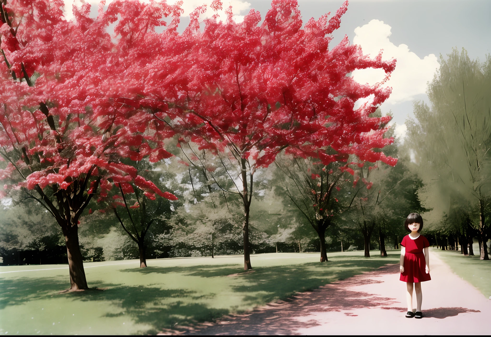 Photo of a 6--old nette girl standing, short black colored hair, dark brown eyes, red dress with white polka dots, color photo by hand, old photo taken in 1996, the girl is next to the camera and in the background a beautiful park with trees and apple trees and beautiful flowers.