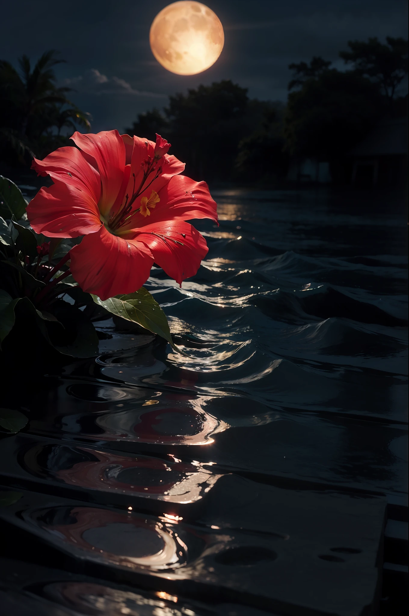 hibiscus Moon with water drops,neon glow, random background, sun rise, bokha mood