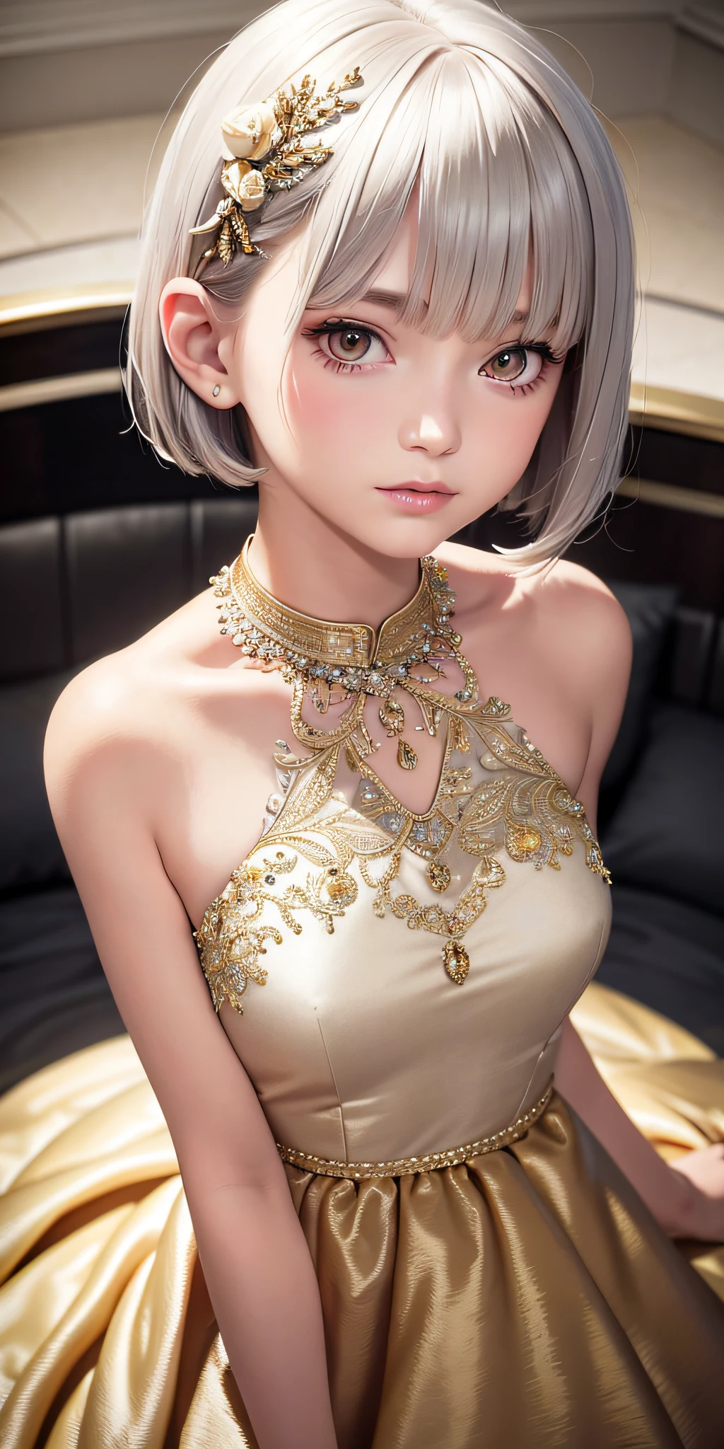 One girl, beautiful dress, short hair, photorealistic, best quality, masterpiece, , gray hair, gold eye, look up, upper body, hair, fair skin