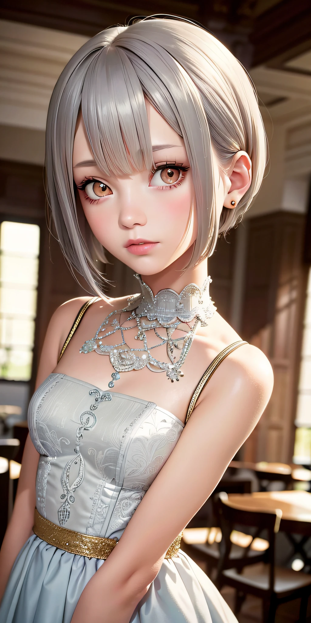 One girl, beautiful dress, short hair, photorealistic, best quality, masterpiece, , gray hair, gold eye, look up, upper body, hair, fair skin