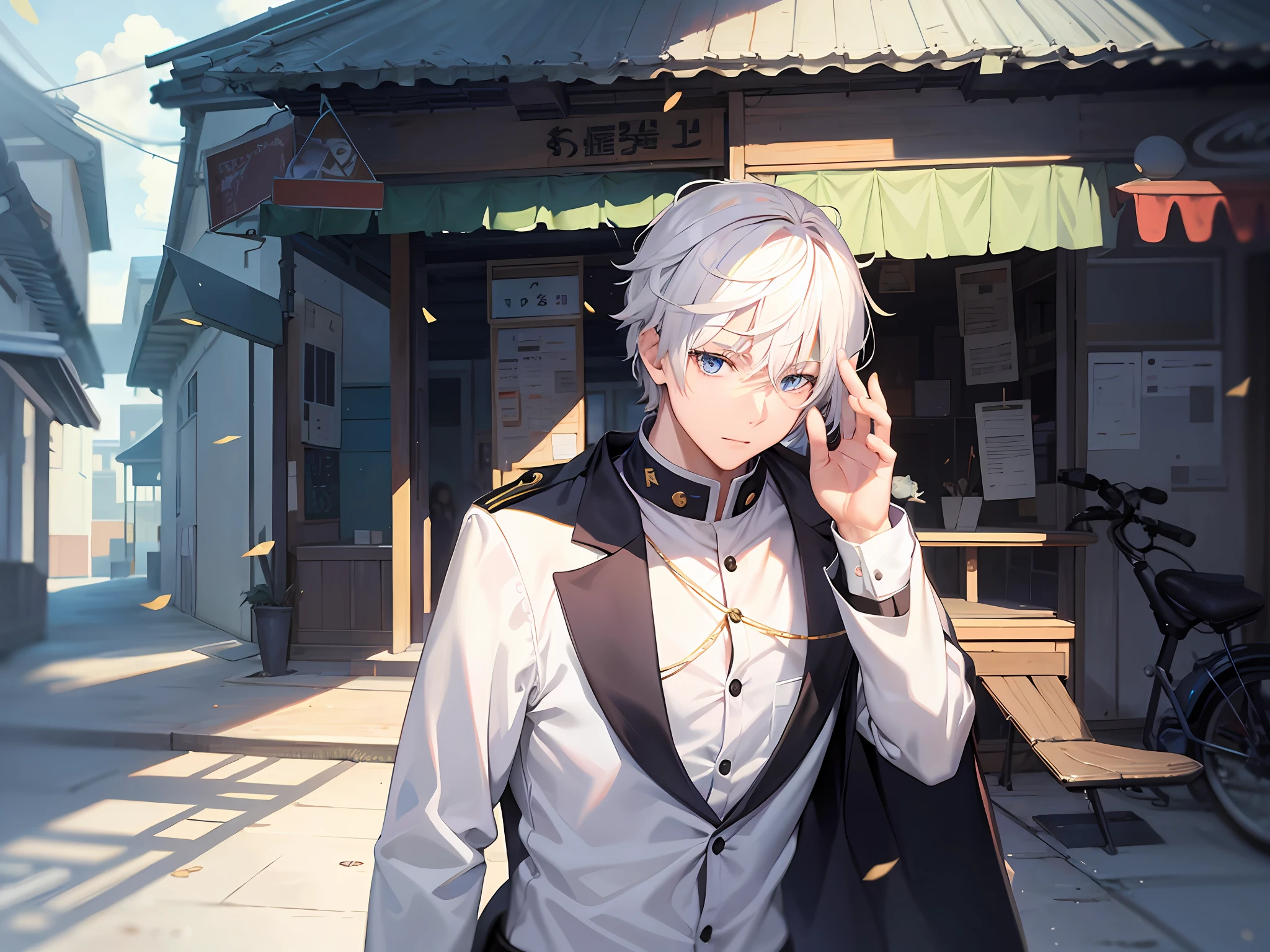 Anime style art, boy, anime detail, school uniform, white hair