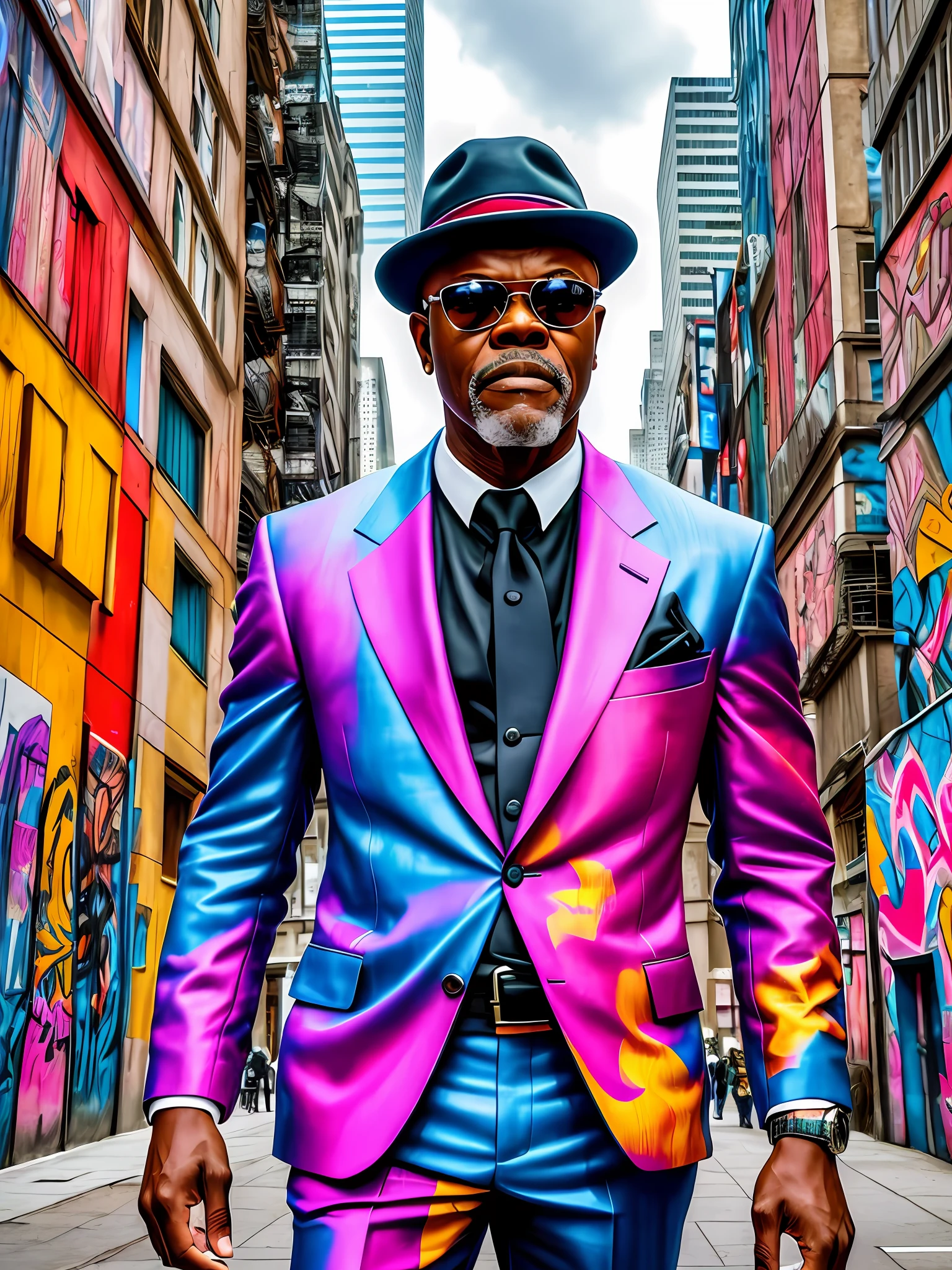 Masterpiece Photography Ultra Realistic Description: Samuel L. Jackson, the iconic and charismatic actor, captivates in this hyper-realistic 4K photograph. He defies expectations by wearing a stylish, flamboyant suit, standing in the midst of a vibrant, bustling city street filled with colorful graffiti and lively street performers. The unexpected fusion of bold fashion and urban energy creates a visually dynamic composition. With his commanding presence and confident expression, he exudes a sense of coolness and charisma. The hyper-realistic portrayal captures the intricate details of the suit and the vibrant atmosphere of the city, evoking a sense of urban style and magnetic personality.