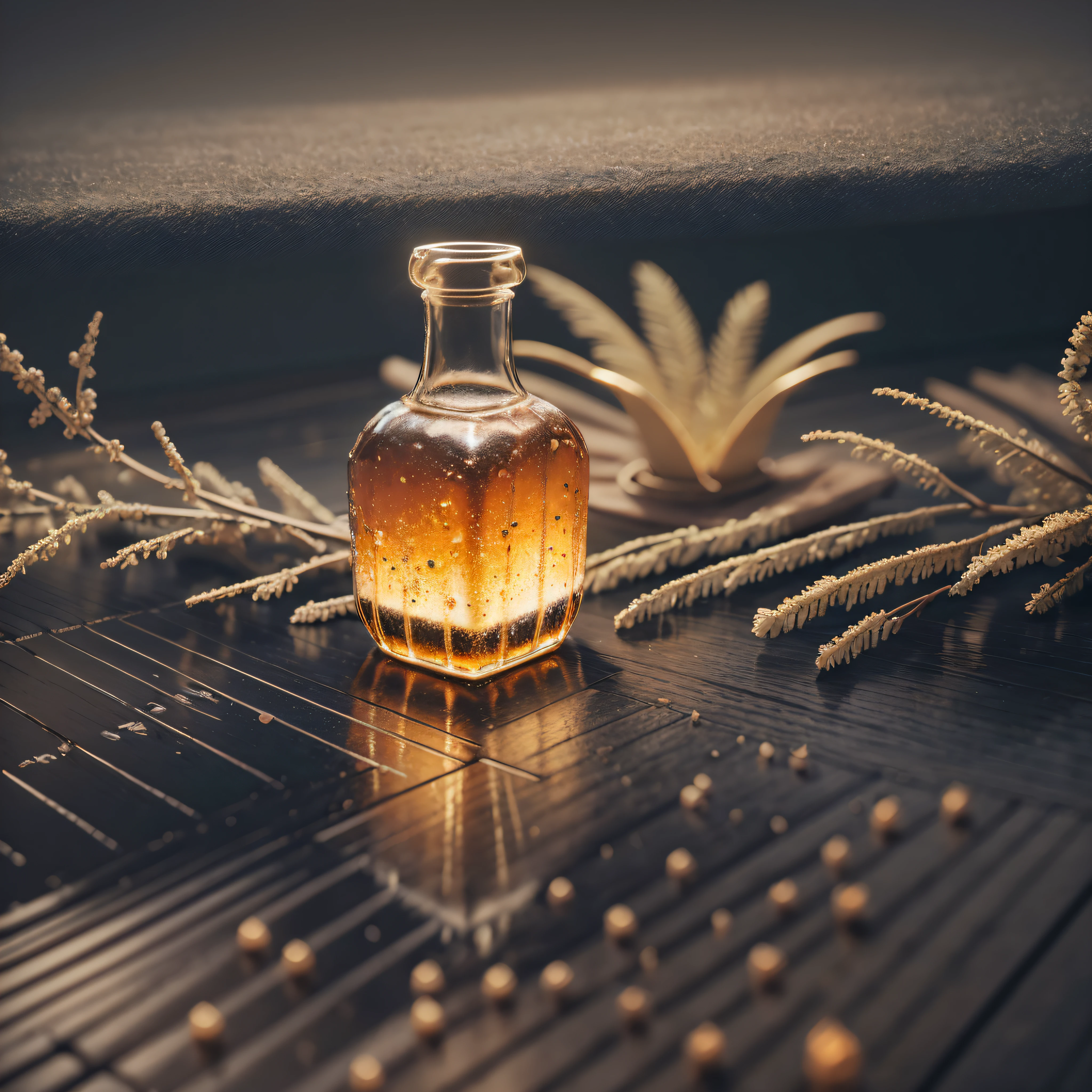 there is a bottle of liquid and a brush on a table, highly detailed scene, highly detailed soft lighting, highly detailed render, dramatic product lighting, hyper realistic detailed render, high quality 3 d render, high quality 3d render, ambient lighting highly detailed, soft evening lighting, highly detailed 3d render, highly detailed 3 d render, with photorealistic lighting --auto --s2