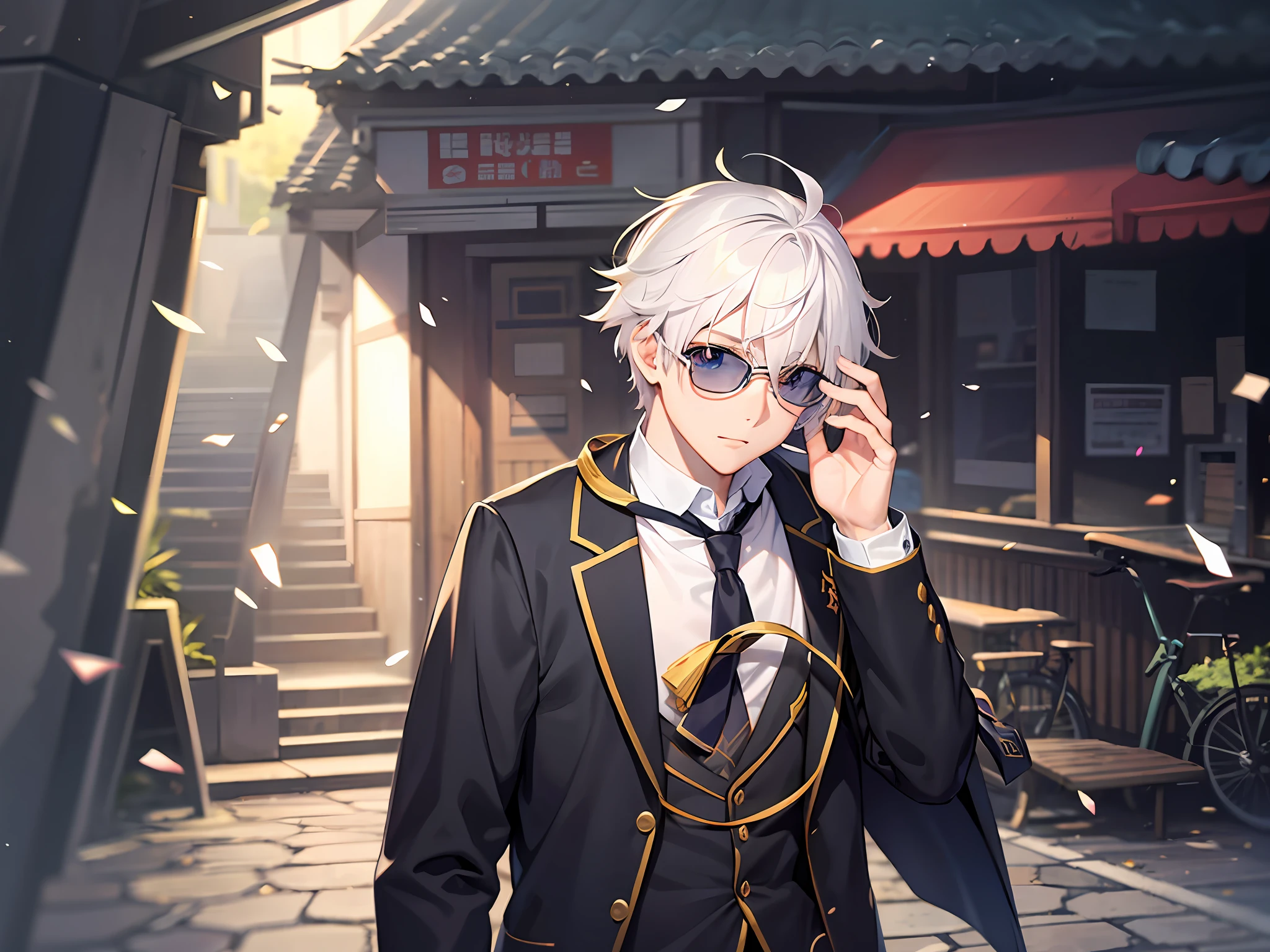 Anime style art, boy, anime detail, school uniform, white hair